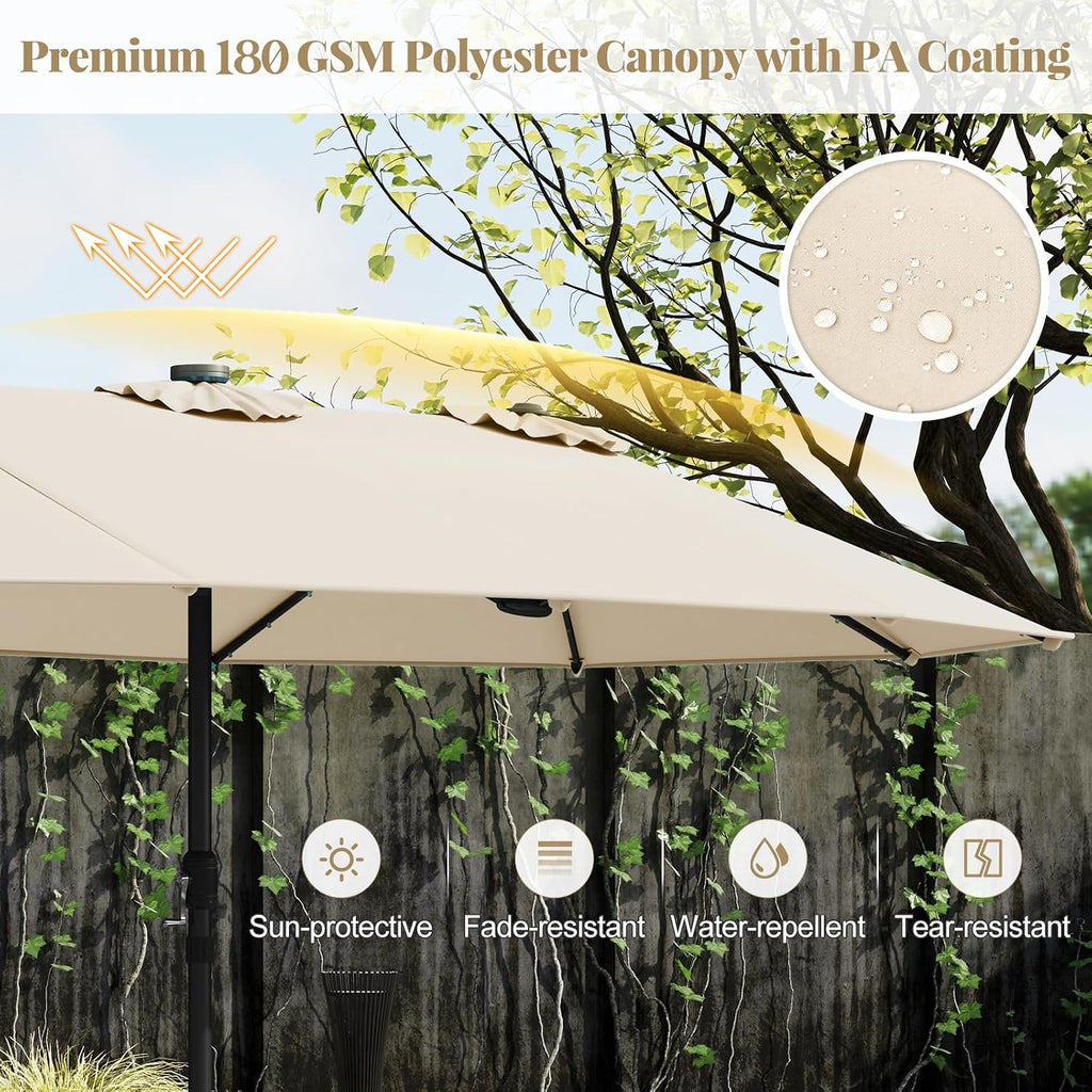 Tangkula 15FT Double-Sided Solar Patio Umbrella, Extra-Large Outdoor Twin Umbrella with 48 LED Lights, Vented Top, Crank Handle, 12 Ribs, Weighted Base Included for Backyard Poolside Deck (Beige)