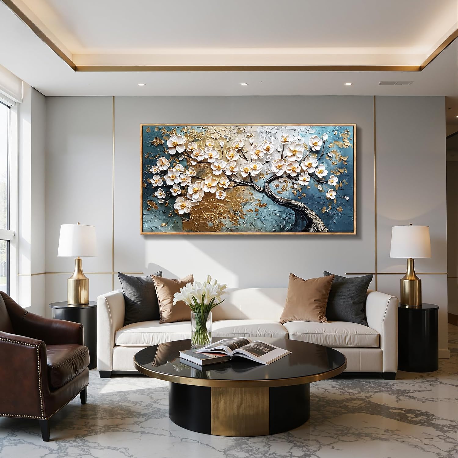 imjiayu Tree of Life Wall Art, Extra Large Wall Art, Abstract Art Wall Decor, Plum Bossom Tree Framed Painting Prints, Modern Blue and Gold Big Pictures for Living Room Bedroom Office Hotel 29'x57'