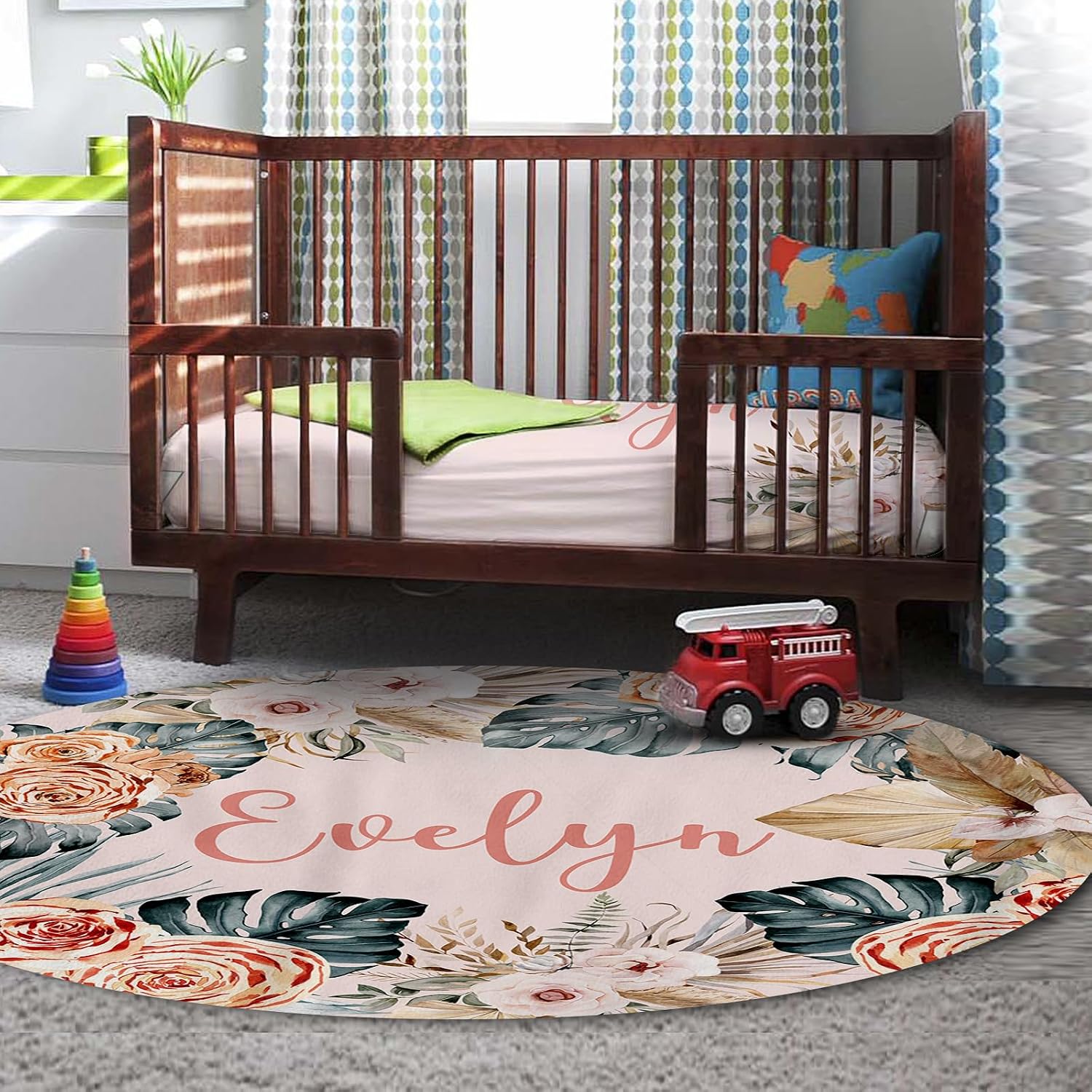 Personalized Nursery Crib Bedding Set: Custom Name 5 Piece Baby Crib Sets with Bohemian Flowers - Toddler Double Layer Blanket Set, Comfortable Crib Bed Sheets for Baby Gril