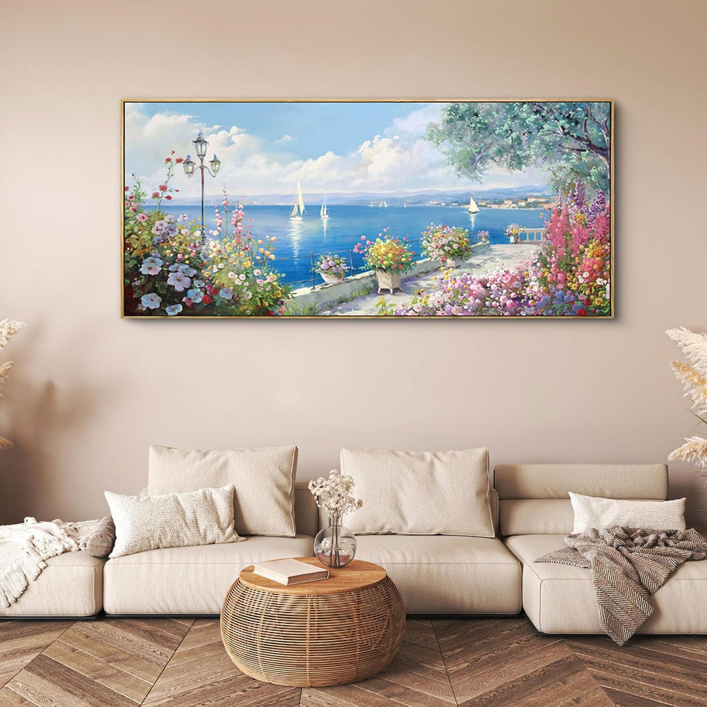 XLSJERST Coastal Wall Art for Living Room - Extra Large 70x31 Inches Ocean Seascape Canvas Beach Painting Landscape Sailboat Picture Modern Artwork Framed for Bedroom Office Home Decor