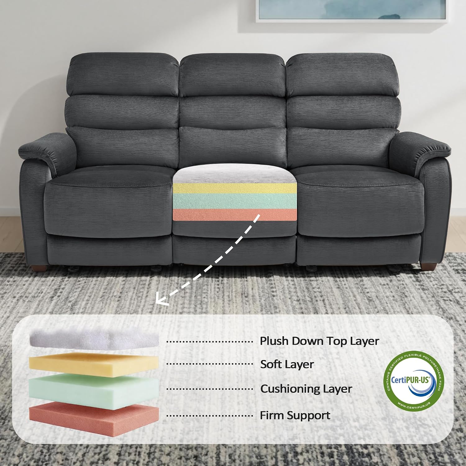 MCombo 87.2'' Wall Hugger Power Recliner Sofa with Drop Down Table, Reclining Sofa with Adjustable Headrest, USB Charge Ports, Reading Lamp, for Living Room, RVs, Fabric, ST258M3 (3-Seater, Dark Grey)