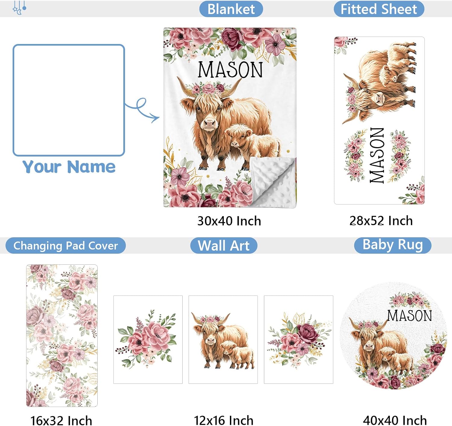 KAINSY Personalized Baby Bedding Set, 5 Pcs Custom Baby Crib Set with Name, Soft Flannel Highland Cow Crib Bedding Set for Girls, Double Layer Nursery Bedding Set, New Parents Toddlers Infants Gift