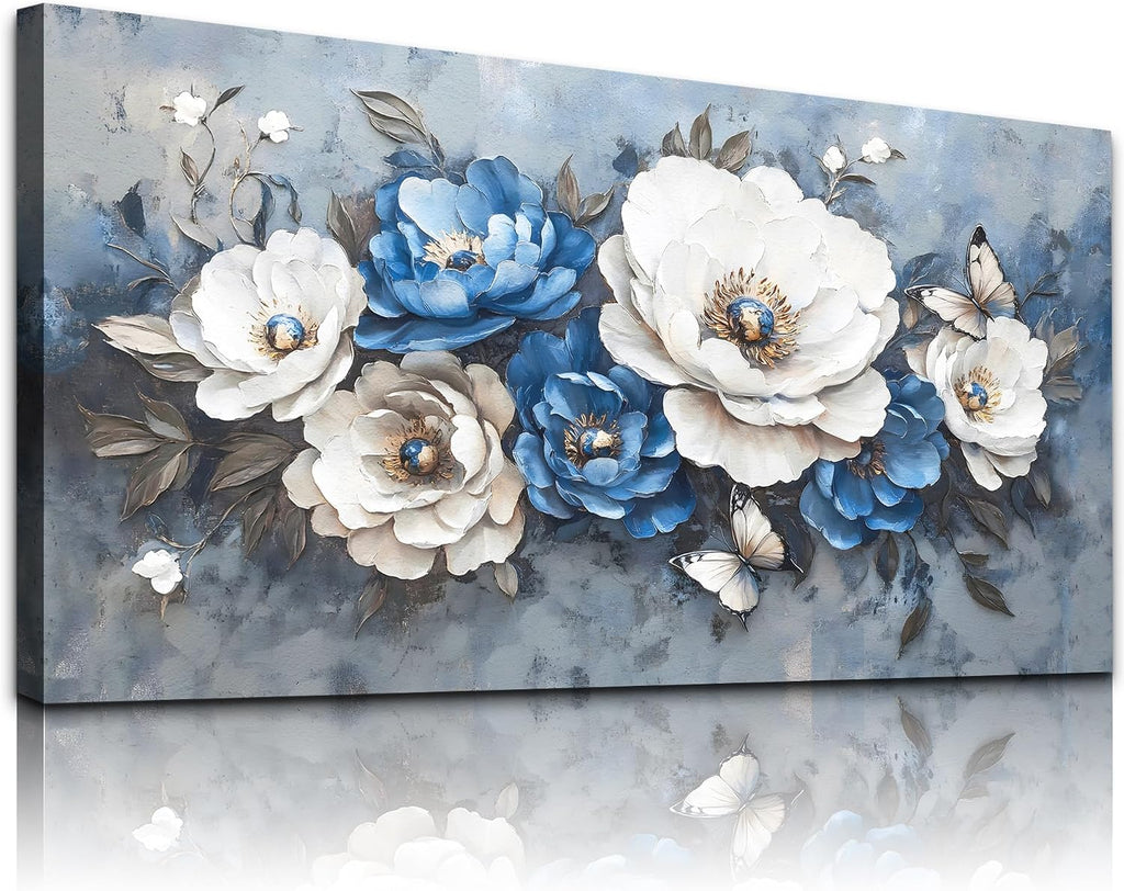 WLWBINTING Large Flower Pictures Wall Decor Vintage Floral Wall Art Floral Canvas Wall Art White Blue Floral Paintings Wall Decor Pictures Farmhouse Wall Art For Living Room Bedroom Office Home Decor