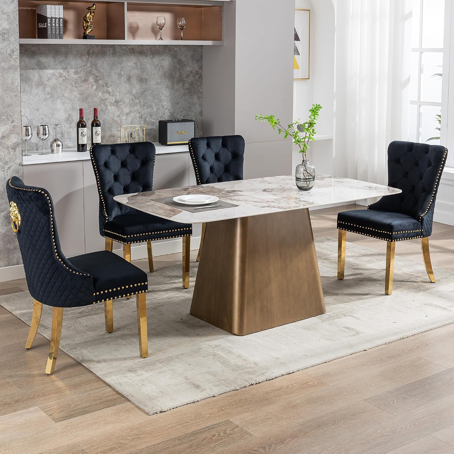 Velvet Dining Chairs Set of 4, Upholstered Dining Room Chairs, Mid-Century Modern Chairs with Diamond Lattice Tufted Back, Lion Pull Ring Rivet Trim, Golden Metal Legs for Kitchen, Black