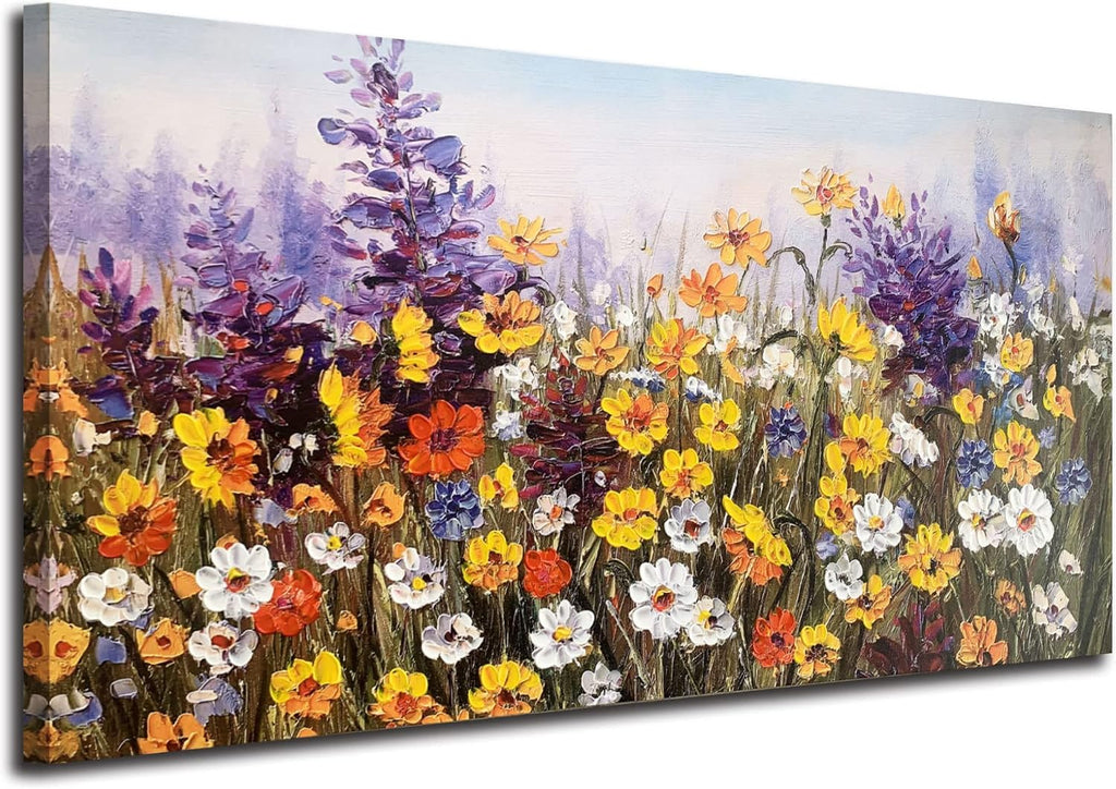 Ardemy Flower Canvas Wall Art for Living Room Extra Large Daisy Colorful Textured Picture Bedroom, Wildflower Painting Purple Yellow Floral Artwork Framed for Home Office Wall Decor 58'x29'