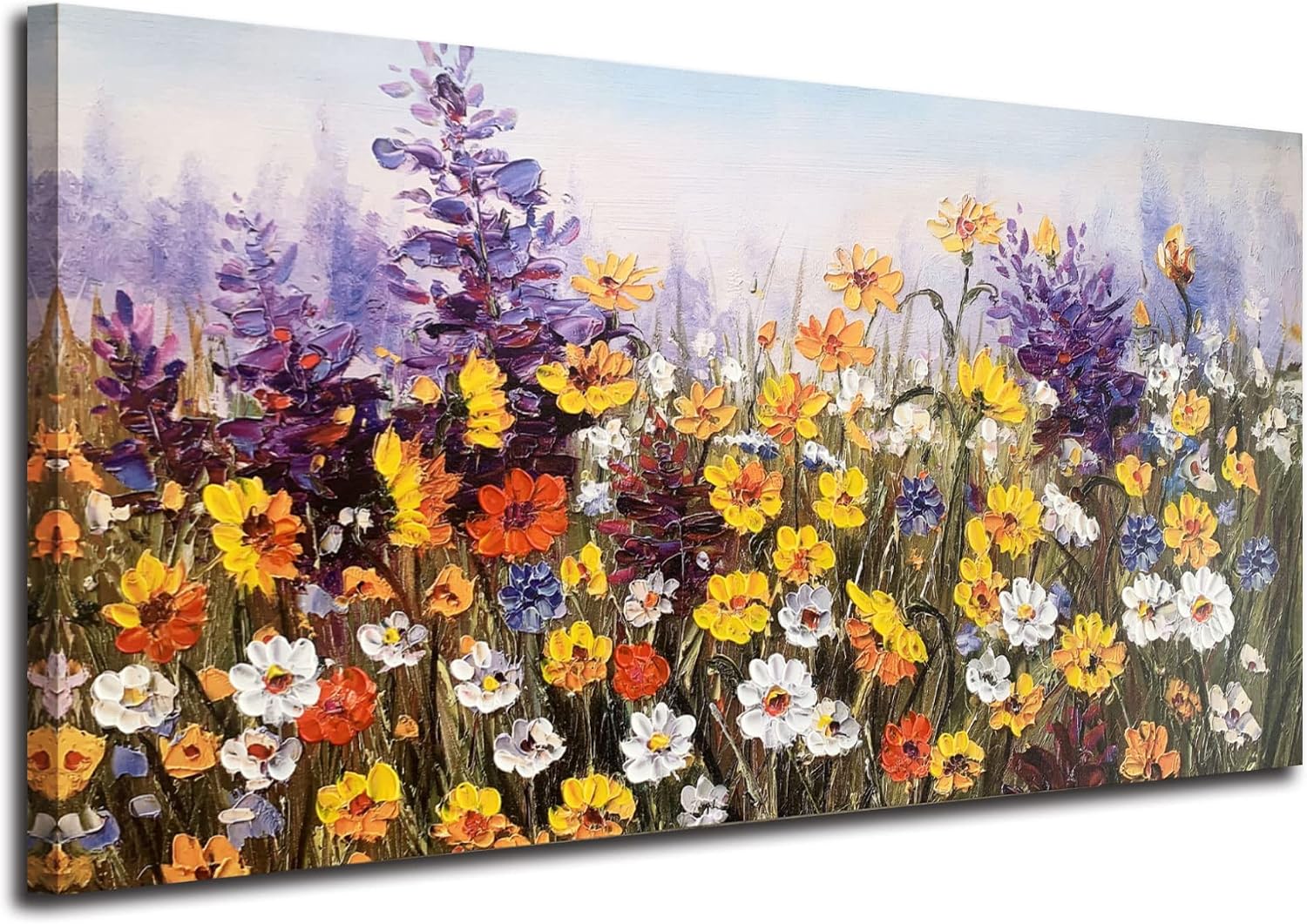Ardemy Flower Canvas Wall Art for Living Room Extra Large Daisy Colorful Textured Picture Bedroom, Wildflower Painting Purple Yellow Floral Artwork Framed for Home Office Wall Decor 58'x29'