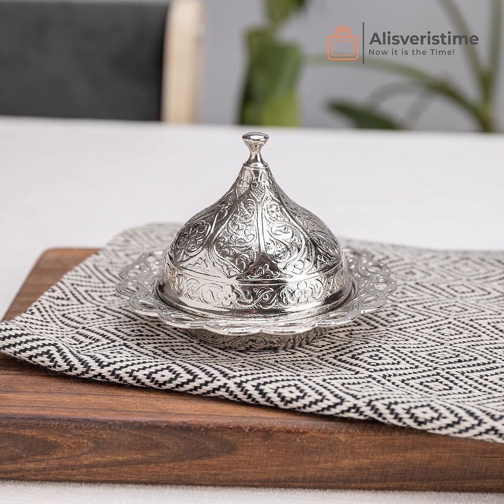 Alisveristime Handmade Turkish Tea Water Zamzam Serving Set Glasses Saucer, Tray and Spoon (Silver)