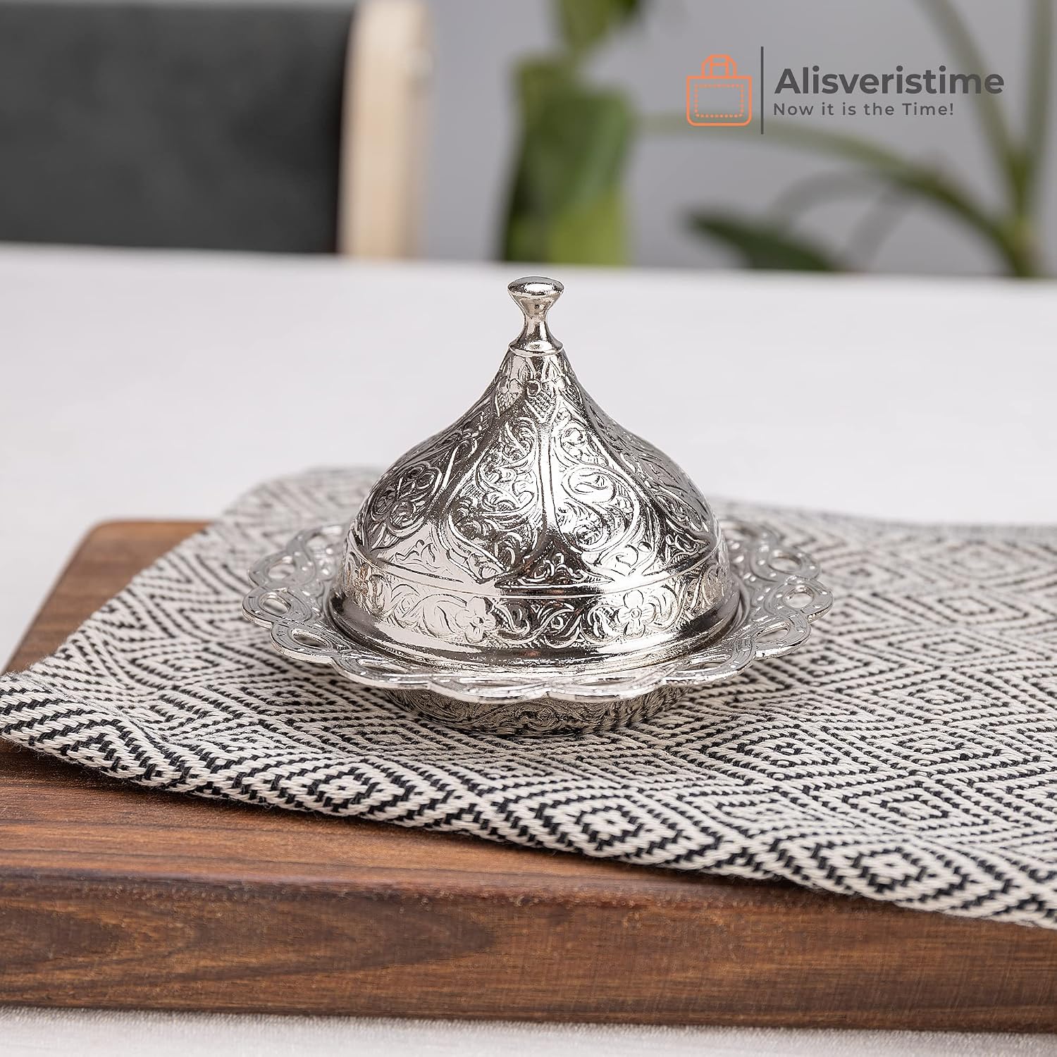 Alisveristime Handmade Turkish Tea Water Zamzam Serving Set Glasses Saucer, Tray and Spoon (Silver)