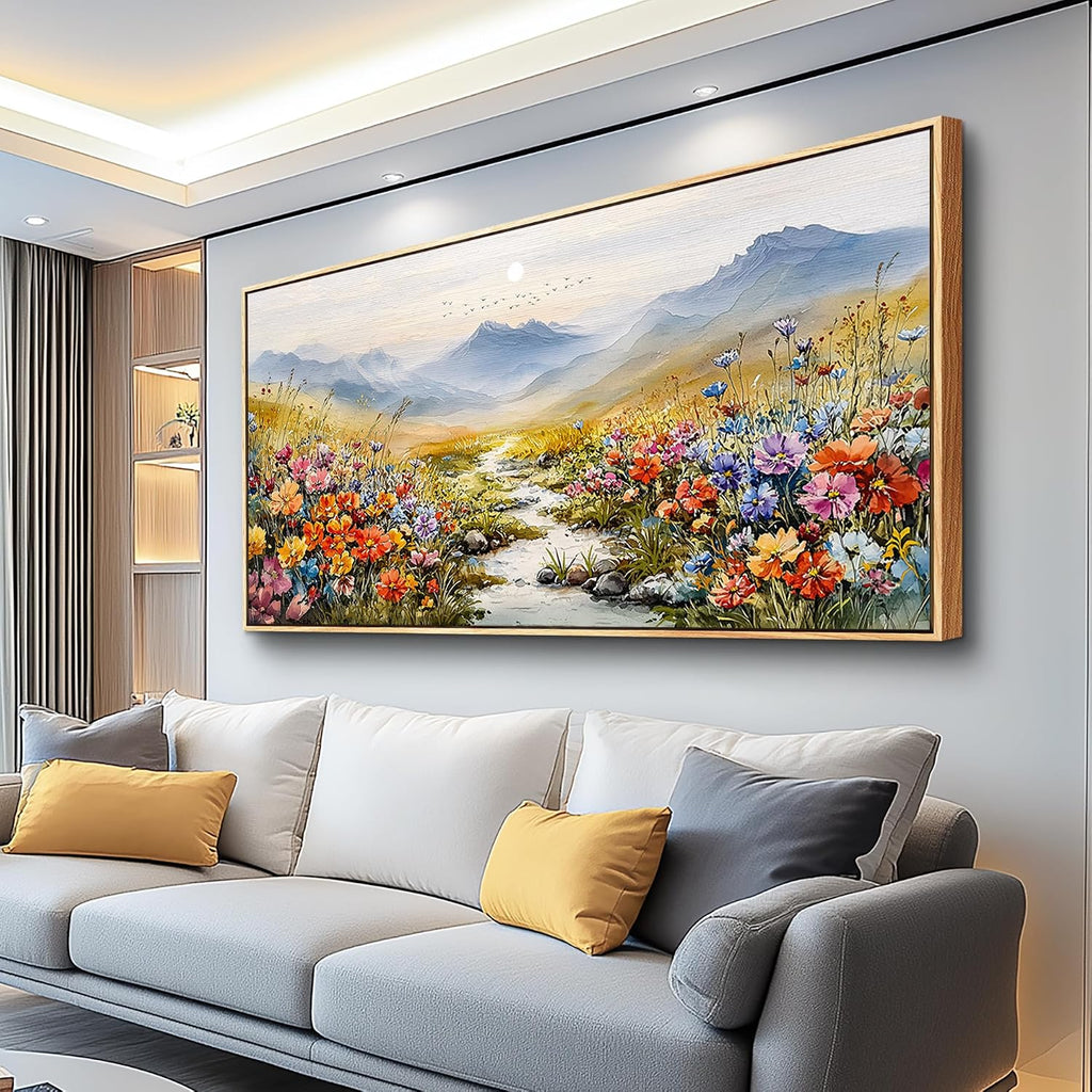 XIGUANGART Extra large Framed Wall Art, Floral Wall Decor,Flower Pictures Wall Decor, Wildflower Botanical Wall Art, Landscape Canvas Painting for Living Room Bedroom Kitchen Sofa Farmhouse 30'x60'