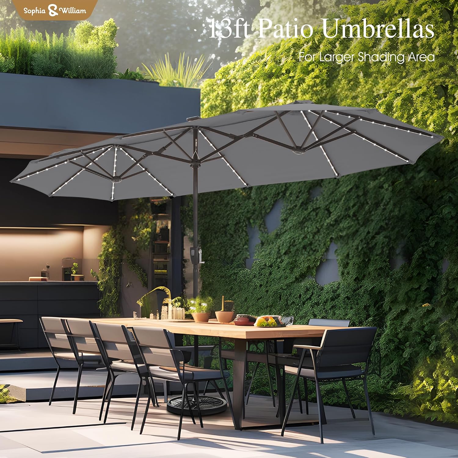Sophia & William 13ft Outdoor Patio Umbrella with Solar Lights, Large Double-sided Umbrella with LED Lights, Perfect for Garden, Deck, Pool, Smoky Gray