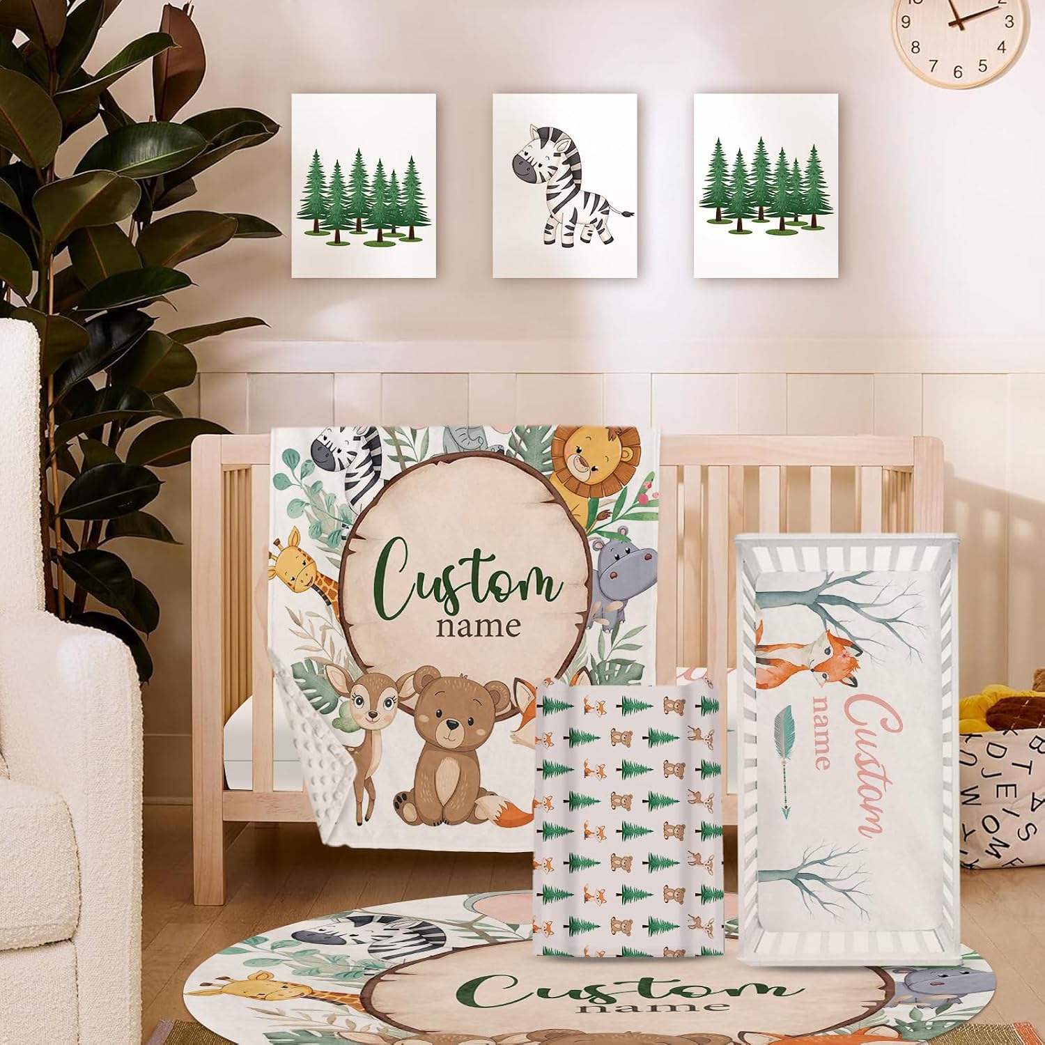 TOOTANN Custom Baby Crib Bedding Set, 5 Pcs Personalized Name Baby Crib Sheets for Kid Toddler Infant, Forest Animals and Tree Stumps Nursery Bedding Set