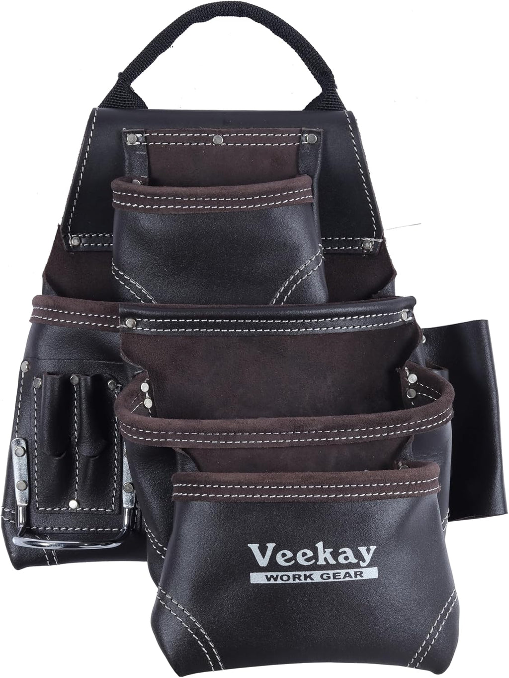 VEEKAY Men's Leather work Belt Oil Tanned Heavy Duty 3 Inch Wide Tool Belt with Rig 22 Pocket Tool pouch bag Brown for Carpenter, Construction, Framers, Handyman, Electrician Fits for 30' to 56' Waist