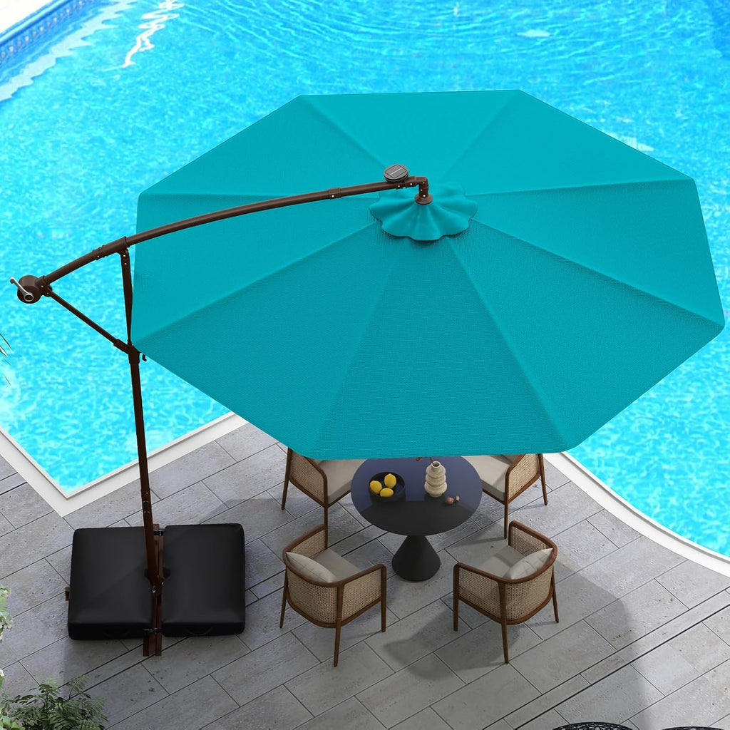 Tangkula 10FT Offset Patio Umbrella with Base Included, Outdoor Cantilever Umbrella with 40 Solar LED Lights, Tilt Adjustment, Crank Handle, Vented Top, Sand Bags for Pool Yard Deck (Turquoise)