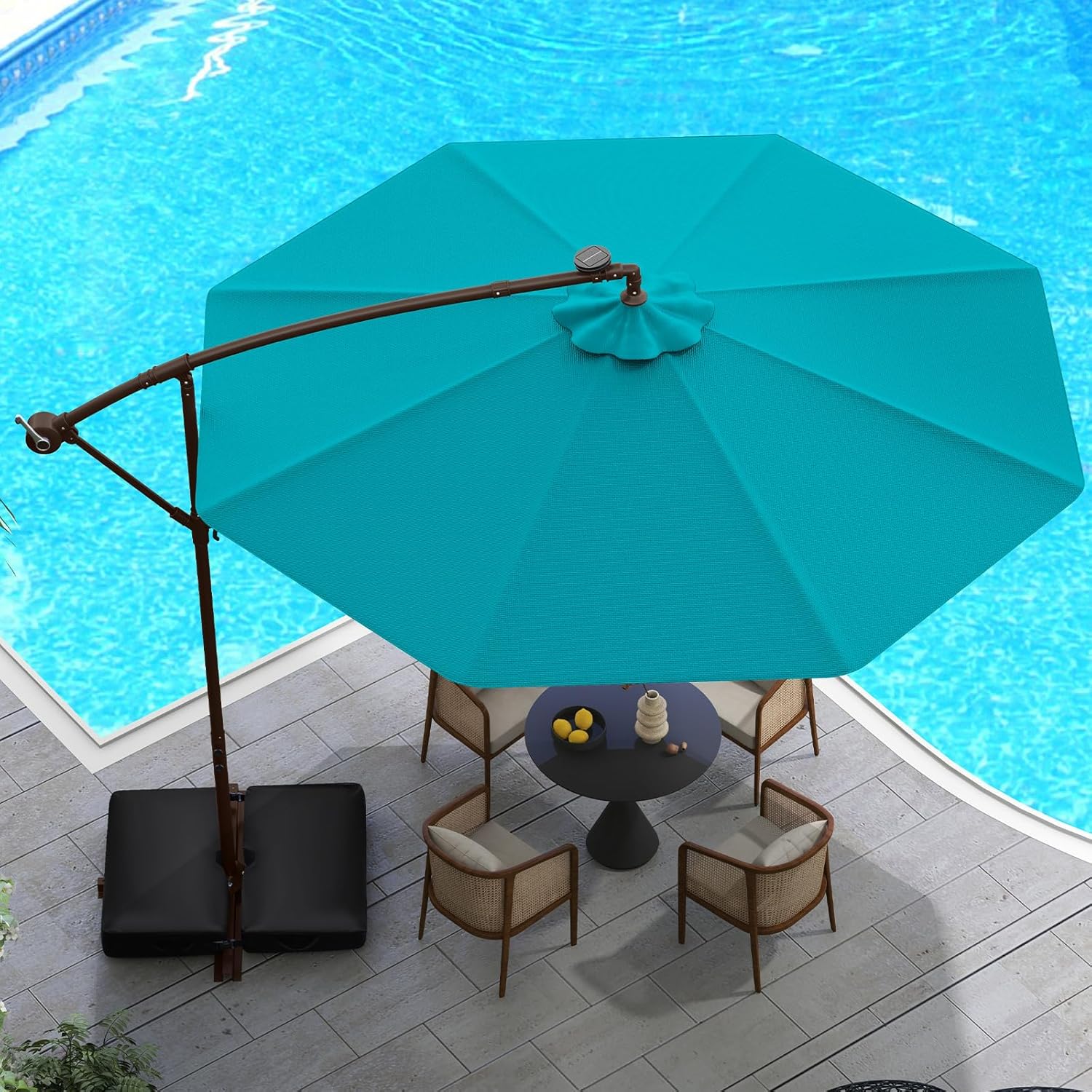 Tangkula 10FT Offset Patio Umbrella with Base Included, Outdoor Cantilever Umbrella with 40 Solar LED Lights, Tilt Adjustment, Crank Handle, Vented Top, Sand Bags for Pool Yard Deck (Turquoise)