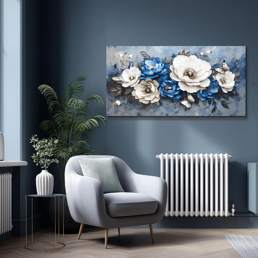 WLWBINTING Large Flower Pictures Wall Decor Vintage Floral Wall Art Floral Canvas Wall Art White Blue Floral Paintings Wall Decor Pictures Farmhouse Wall Art For Living Room Bedroom Office Home Decor