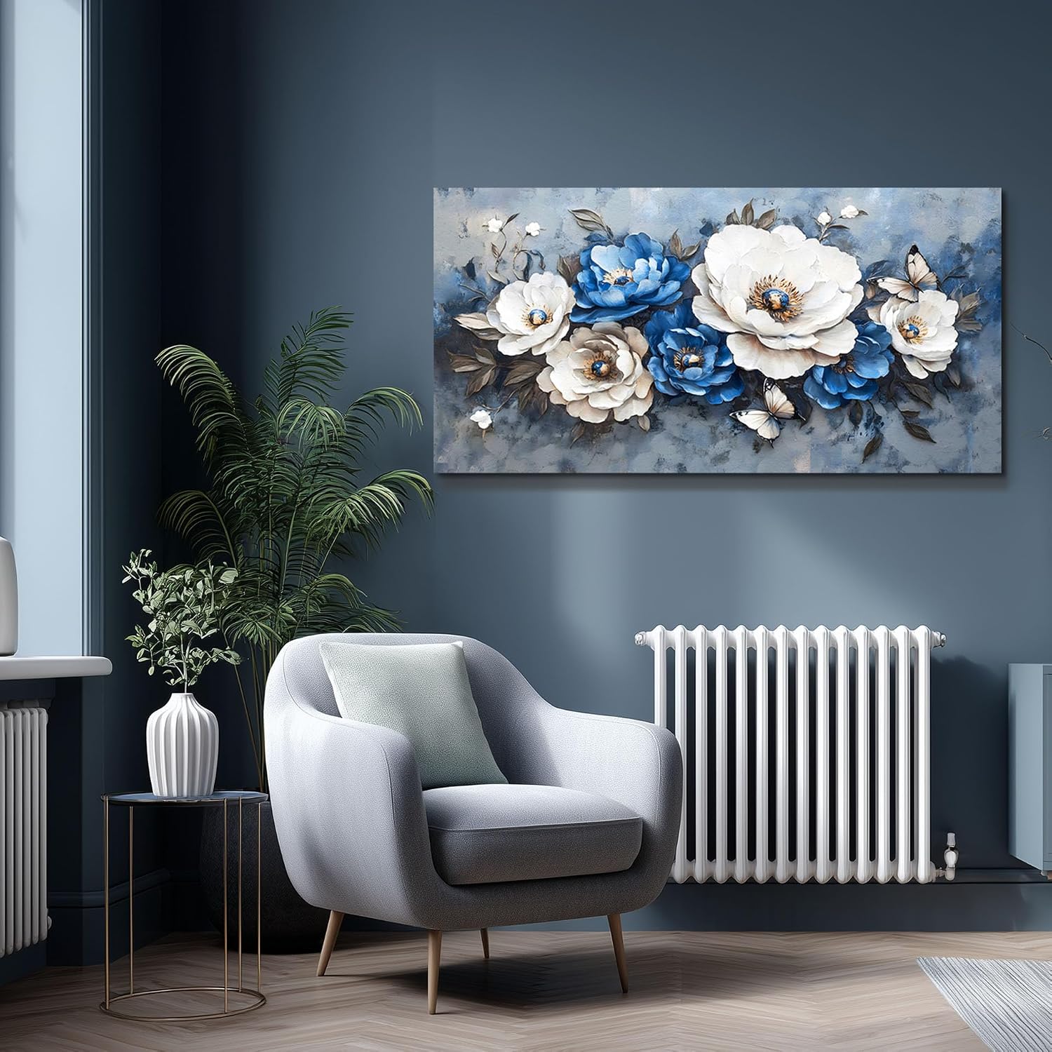 WLWBINTING Large Flower Pictures Wall Decor Vintage Floral Wall Art Floral Canvas Wall Art White Blue Floral Paintings Wall Decor Pictures Farmhouse Wall Art For Living Room Bedroom Office Home Decor