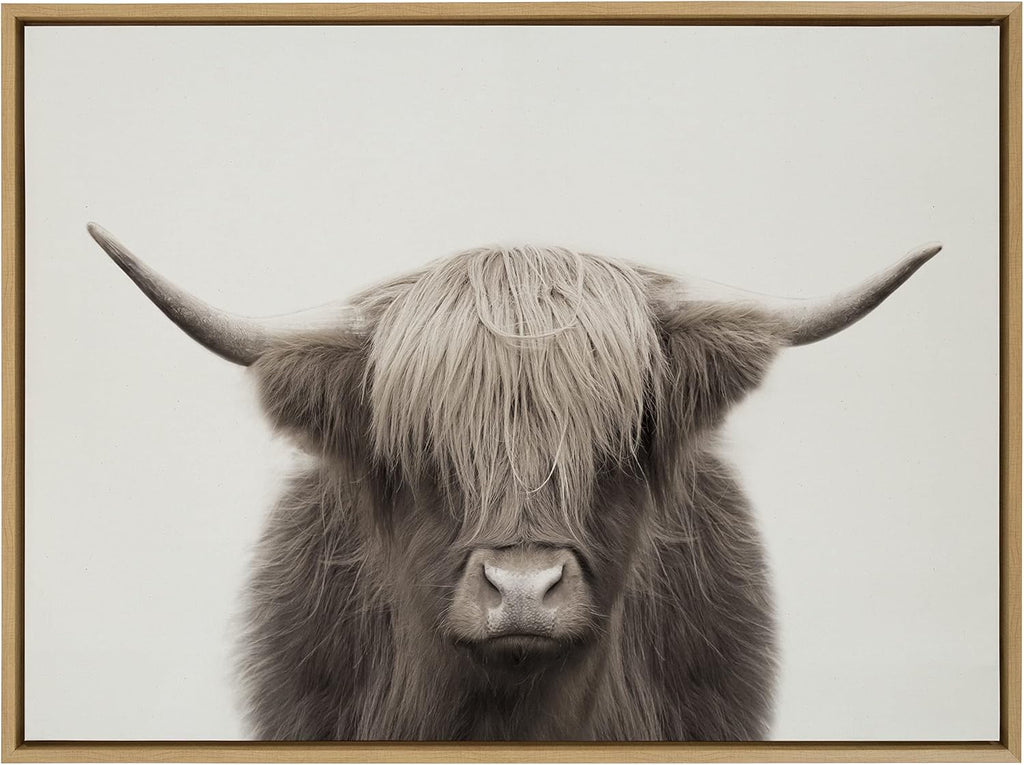 Kate and Laurel Sylvie Hey Dude Highland Cow Color Framed Linen Textured Canvas Wall Art by The Creative Bunch Studio, 28x38 Natural, Decorative Cow Art for Wall