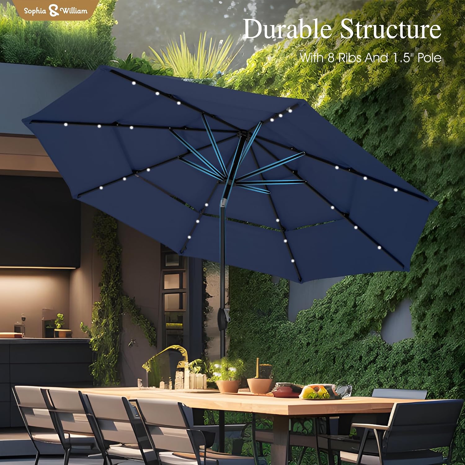 Sophia & William 10ft Patio Umbrellas 3-Tier Umbrella Outdoor Patio Umbrellas with Lights Vented Top 24 LED lights Adjustable Tilt for Pool Garden Backyard, Navy