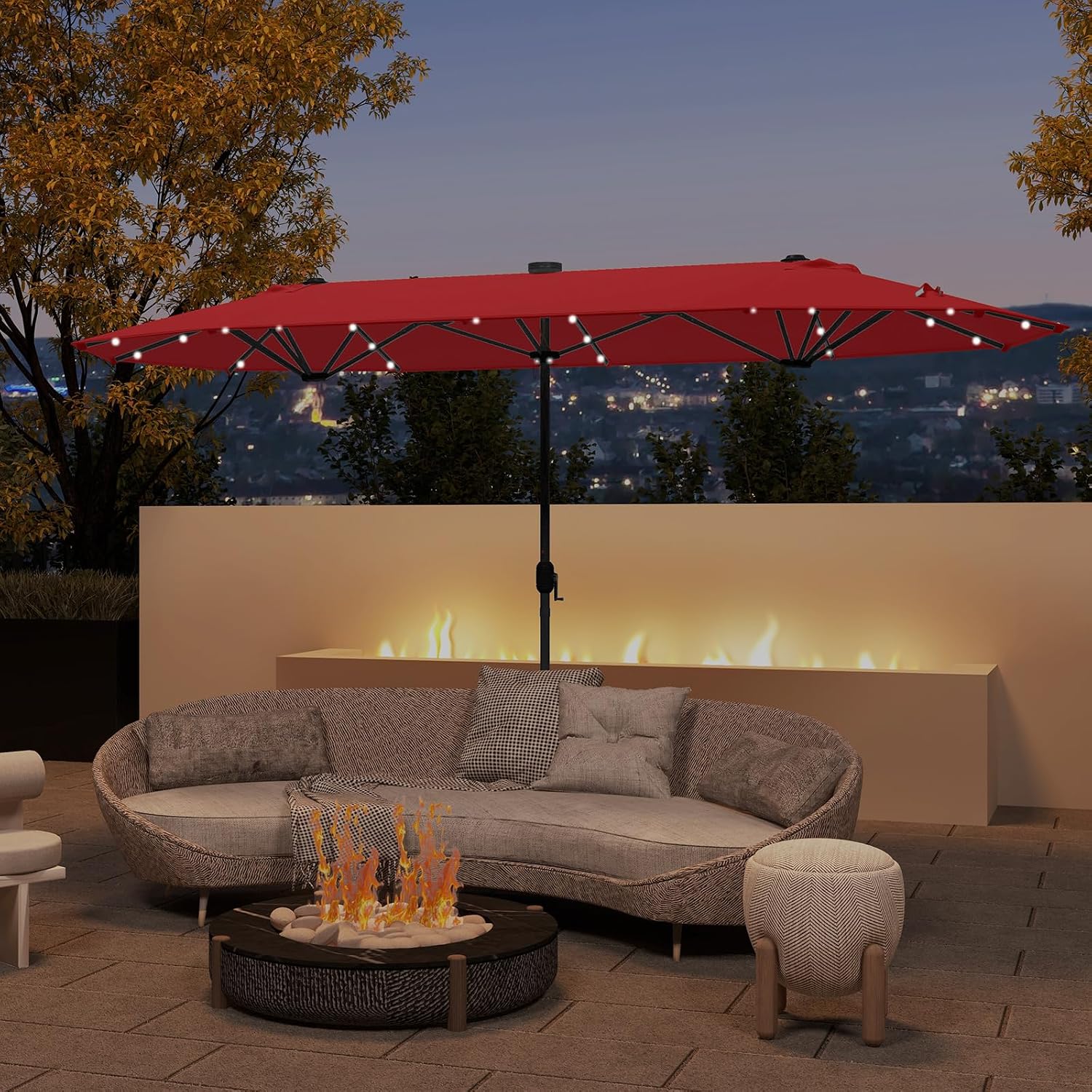 Tangkula 13FT Double-Sided Solar Patio Umbrella, Extra-Large Outdoor Twin Umbrella with 36 LED Lights, Vented Top, Crank Handle, 12 Ribs, Weighted Base Included for Backyard Poolside Deck (Wine)