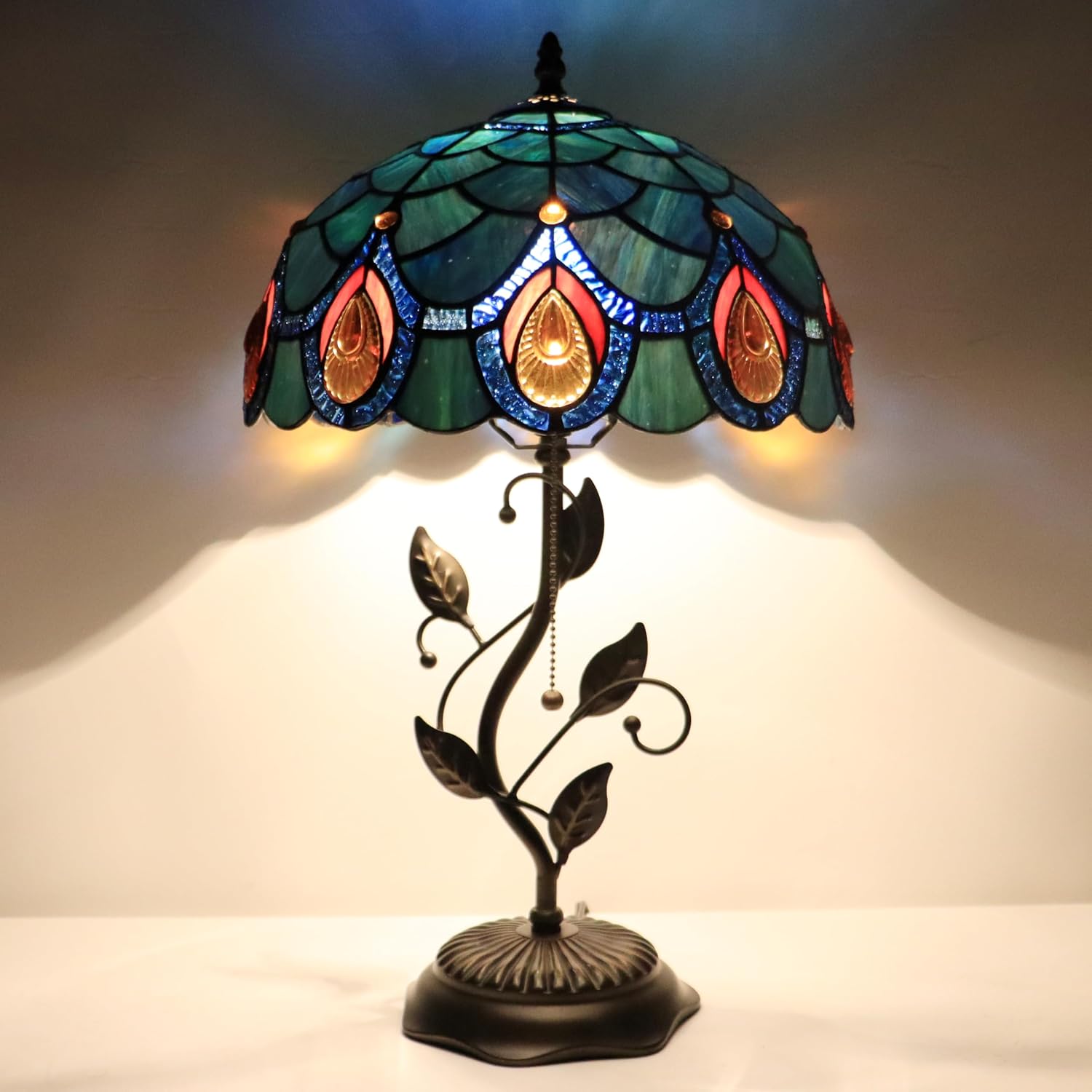 Tiffany Table Lamp, Stained Glass Style Desk Lamp, 12X12X19 Inch,Bedside Reading Light, Metal Leaf Base（Brown Crystal Style