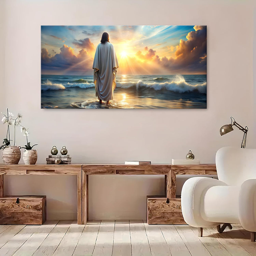 Jesus Walking on Water Wall Art Inspirational Biblical Wall Decor Jesus Walking on Sunset Ocean Picture Christian Religious Painting Decor Nature Beach Poster Artwork Church Home Decorations 30x60'