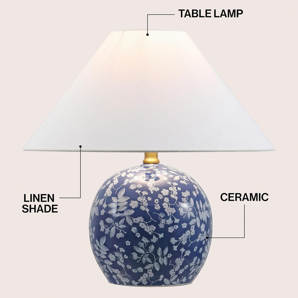 JONATHAN Y 17.25' Blue/White Modern Cottage Floral Ceramic Globe Table Lamp for Bedroom, White Linen Shade, LED Bulb Included, French Country Home Decor JYL5508A