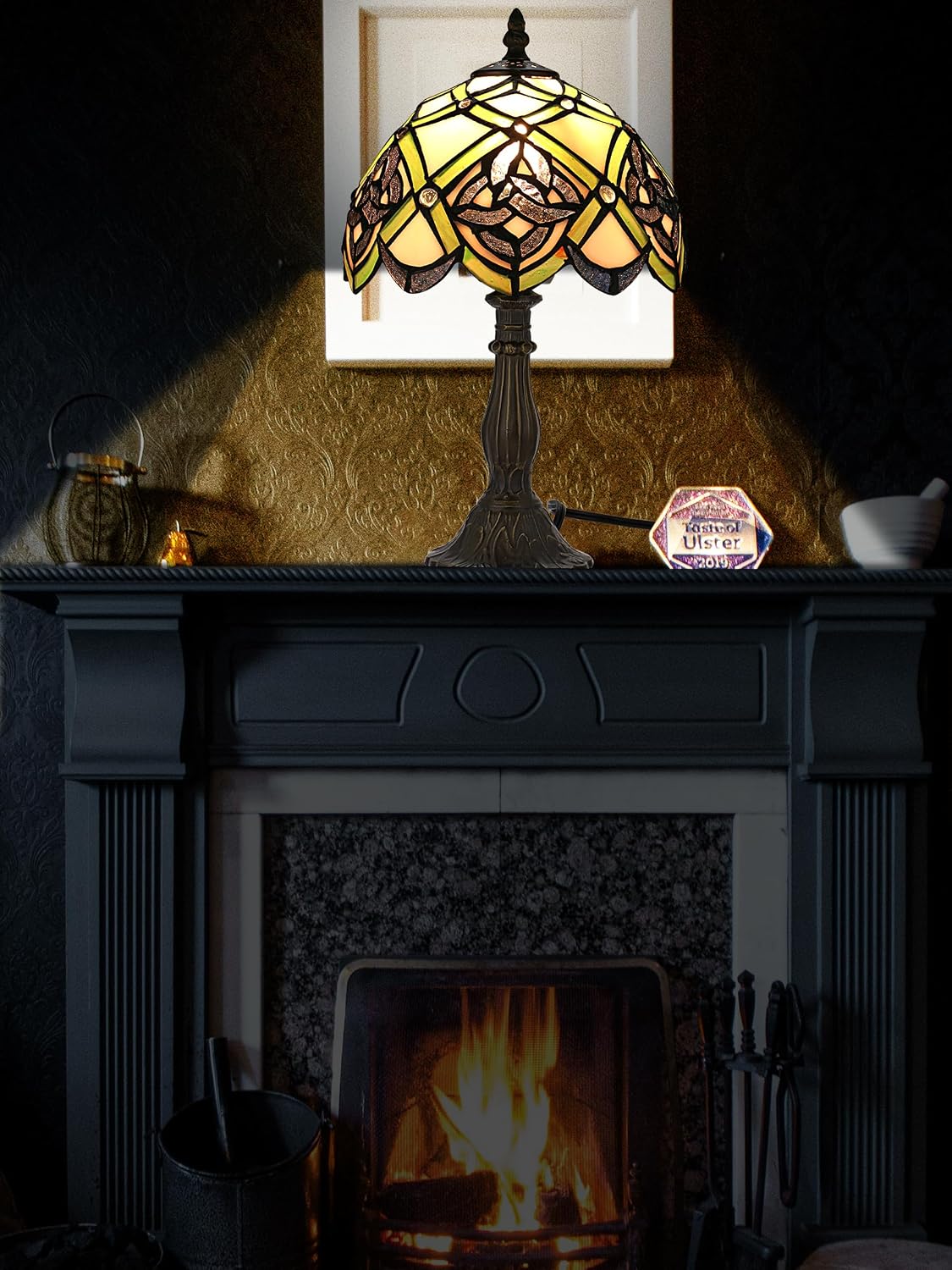 KY&BOSAM Irish Celtic Tiffany Table Lamp Shamrock Style Stained Glass Desk Lamp Night Light 14 Inch Tall 8 Inch Wide Shade Beside Lamp 1 Bulb Antique Zinc Base for Home Bedroom St Patrick's Day Decor