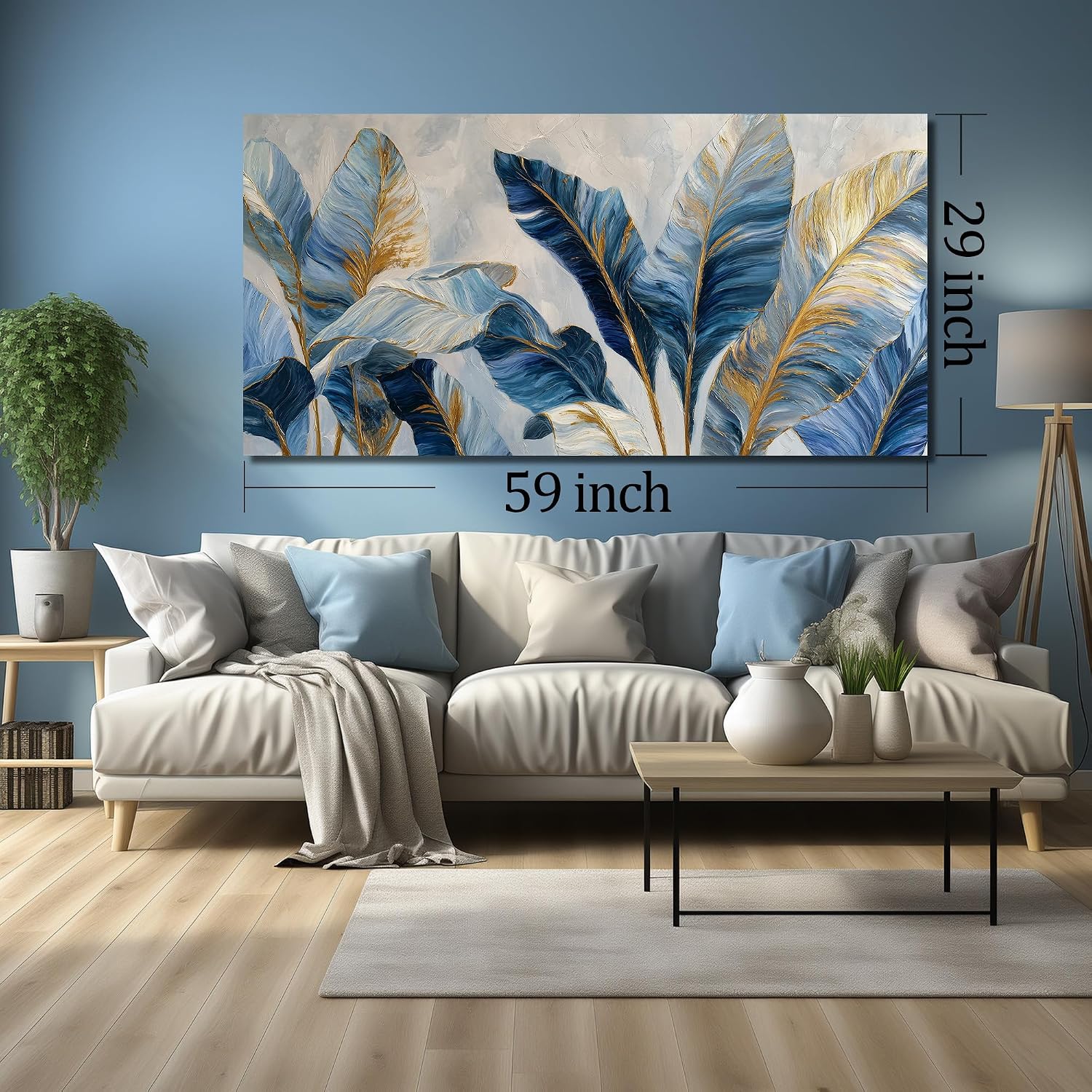 JuhaiArt White Banana Leaf Prints Bedroom Blue Canvas Art Botanical Gold Wall Artwork for Living Room Office 29' x 59'