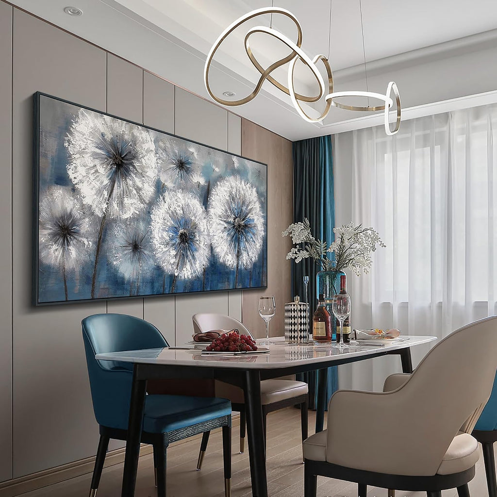 Framed Blue Dandelion Wall Art Decor Canvas Print Picture for Living Room White Flower Flora Plant Home Bedroom Painting Decoration Modern Framed Artwork size 24x48
