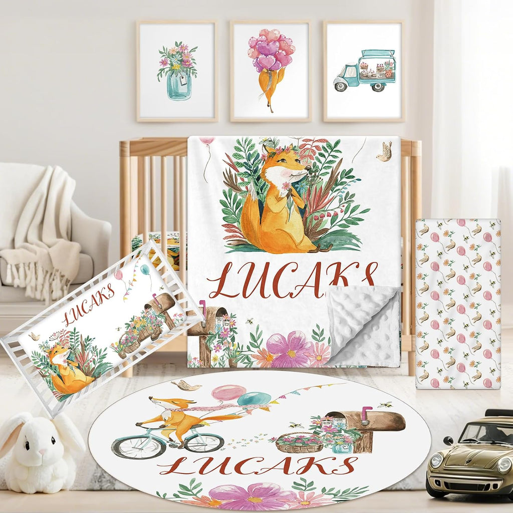 Custom Baby Crib Bedding Set, 5 PCS Personalized Name Baby Crib Sets for Girls Boys, Fox Theme Nursery Bedding Sets for Infant Toddler, Double Layer Flannel Bed Set Customized Gifts