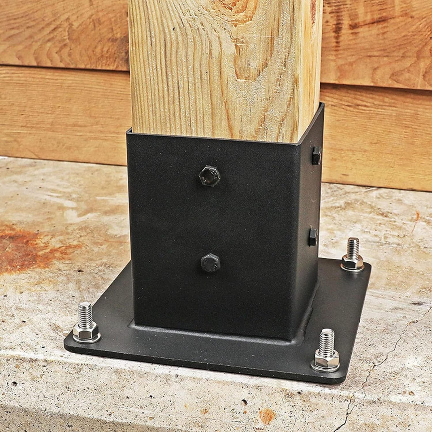 Black Wood Post Bracket for 3.5'x3.5' Posts - Metal Bolt Down Support for Concrete, Deck Railing, Pergola, Mailbox(4pcs)