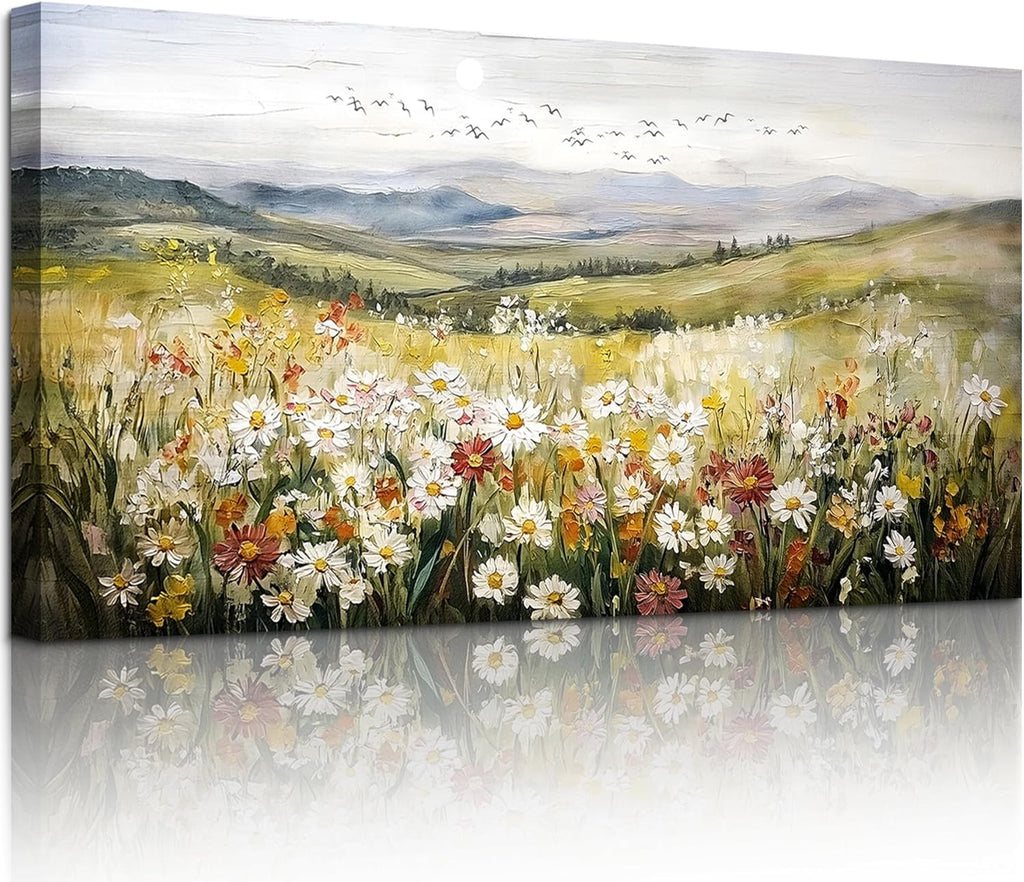 SERIMINO Nature Landscape Wall Art, Mountain Daisy Extra Large Artwork, Wildflower Meadow Rustic Home Decor Art Prints, French Country Aesthetic Paintings Wall Decor Living Room Dining Room 29X57 Inch