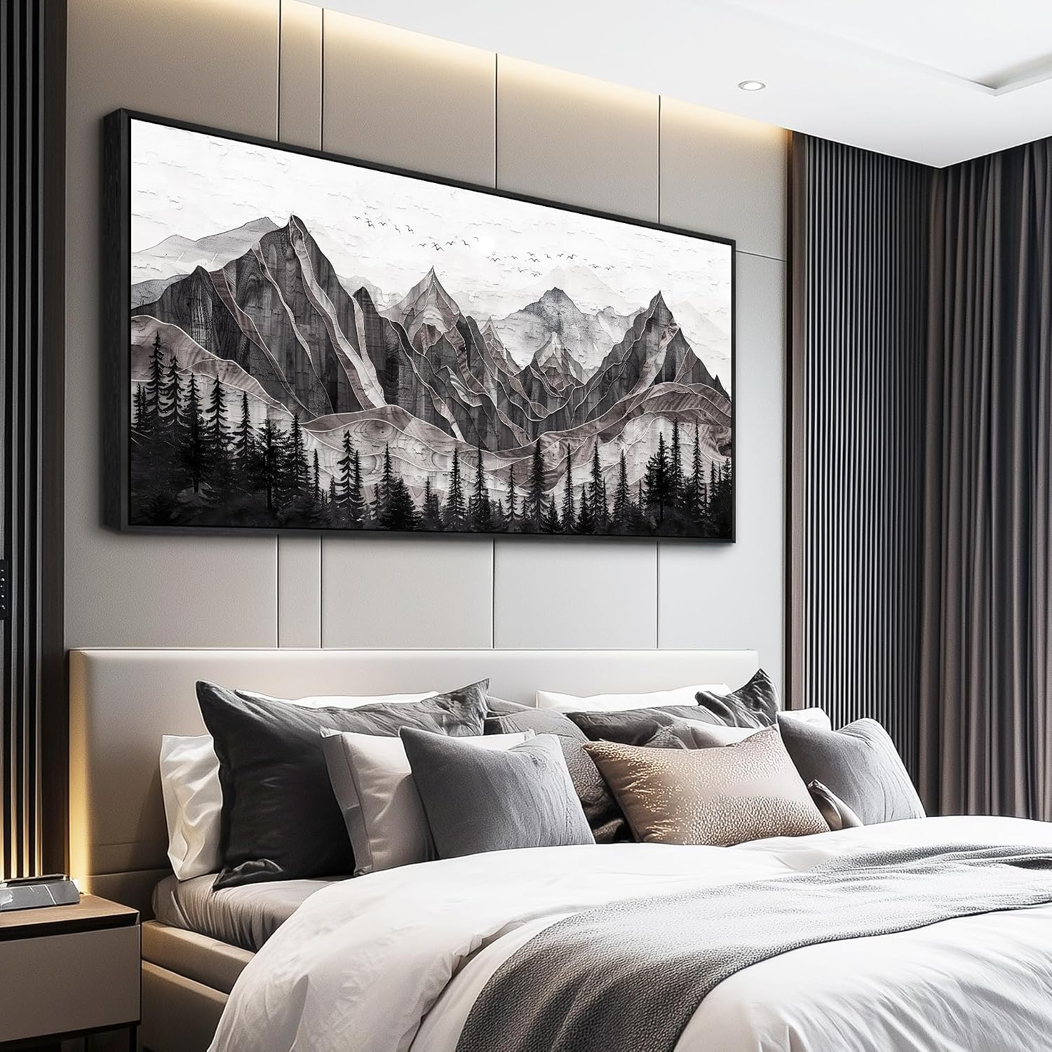 XIGUANGART Large Abstract Mountain Wall Art Black and White Canvas Art Print Painting Forest Nature Watercolour Wall Decor Modern Rustic Landscape Picture for Living Room Bedroom Office Decorations