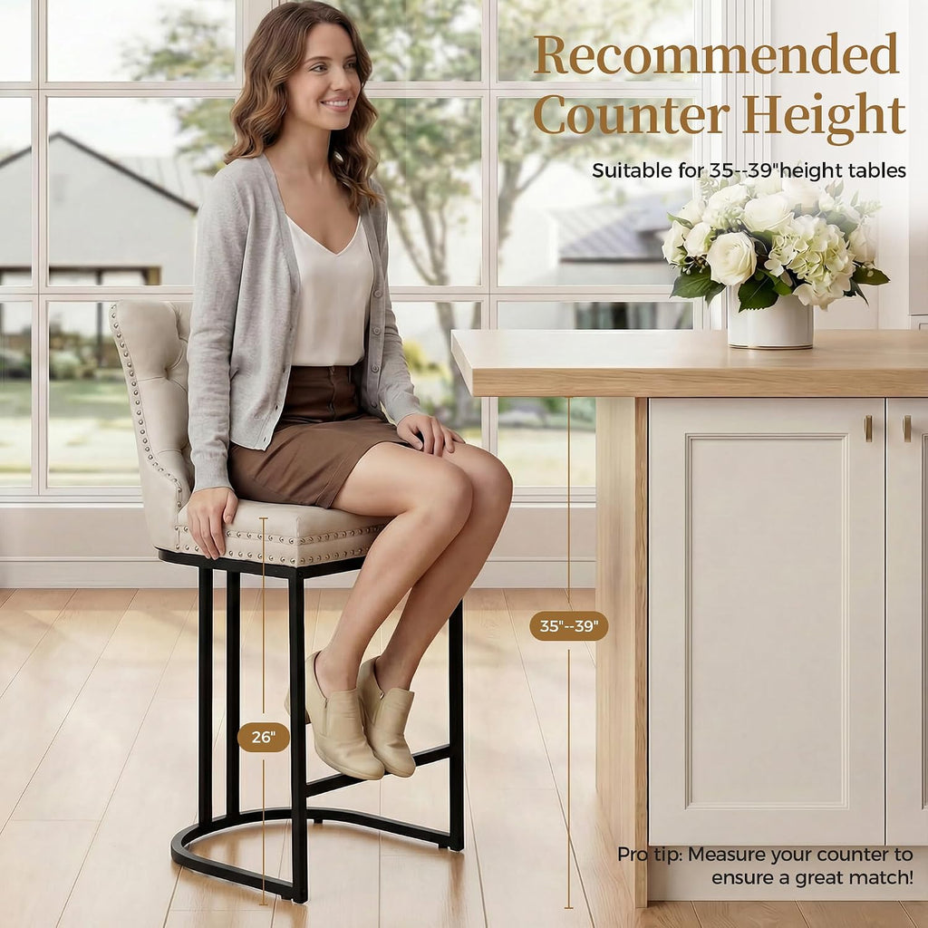 AQO 26 Inch Bar Stools Set of 3, Modern Counter Height Bar Stools with Backs, Upholstered Faux Leather Counter Stools for Kitchen Island, Beige