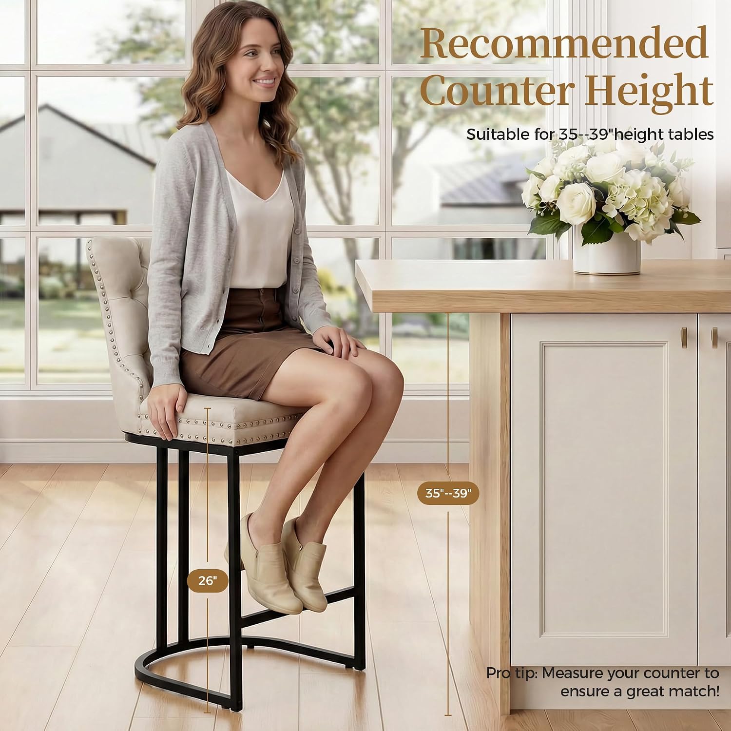 AQO 26 Inch Bar Stools Set of 3, Modern Counter Height Bar Stools with Backs, Upholstered Faux Leather Counter Stools for Kitchen Island, Beige