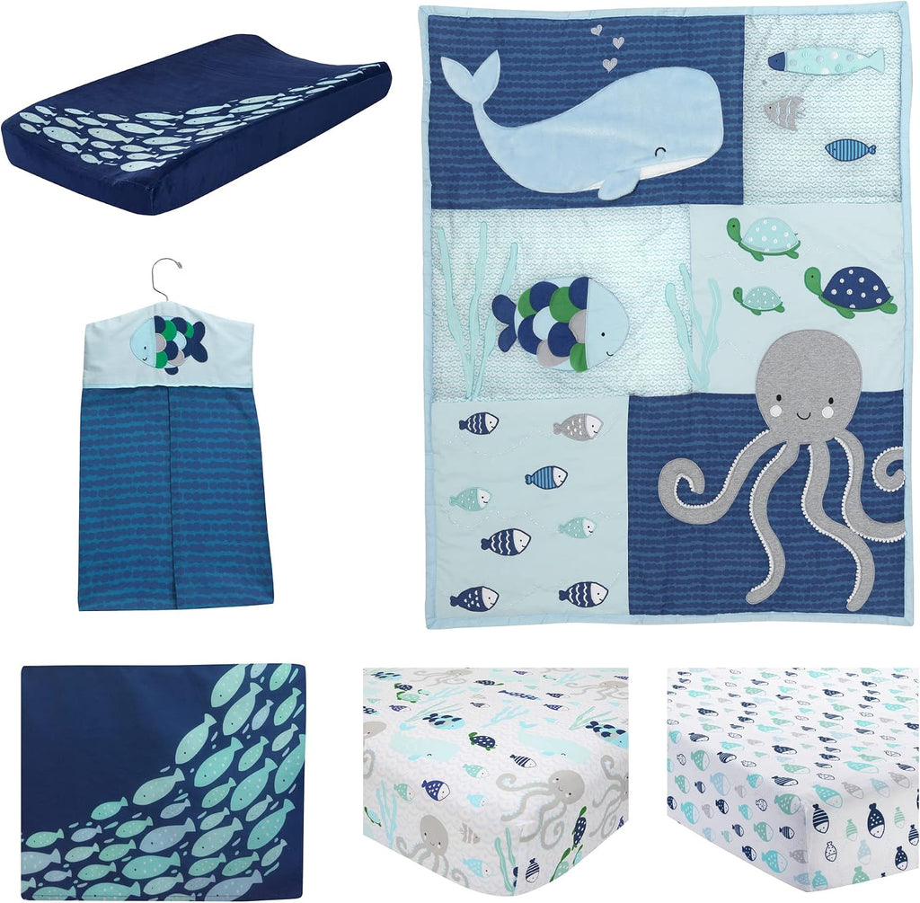 Lambs & Ivy Oceania 6-Piece Baby Crib Bedding Set - Blue Ocean, Nautical, Aquatic, Whale, Octopus Theme