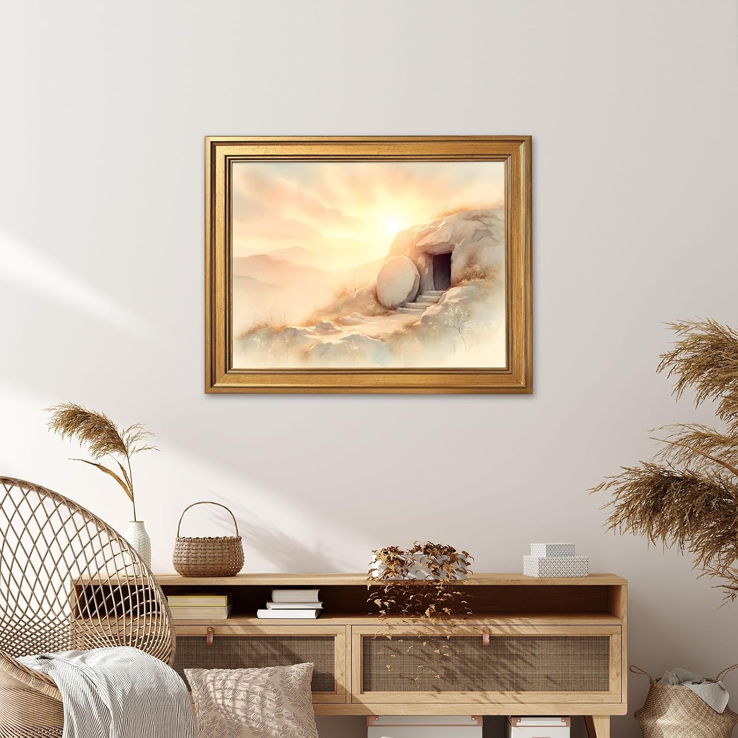 Framed Empty Tomb Easter Morning Painting Wall Art He Is Risen Canvas Print Watercolor Christian Jesus Resurrection Poster Easter Picture Bible Verse Scripture Decor for Church Prayer Room 24x36inch