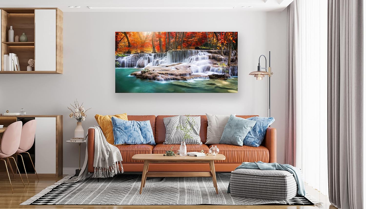 Aibonnly Wall Art Canvas Painting Red Forest Waterfalls 1 Piece Modern Landscape Tree Picture Poster Print Framed and Stretched Ready to Hang for Living Room Bedroom Kitchen Office Home Decor