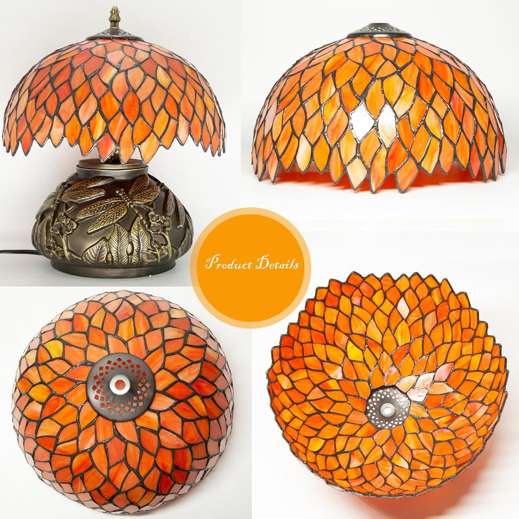 Tiffany Table Lamp Orange Wisteria Style Stained Glass Lamp for Bedside,Bedroom,Living Room,12 Inch Small Vintage Mushroom Desk Lights Included E26 LED with Remote Control(Autumn Leaves)