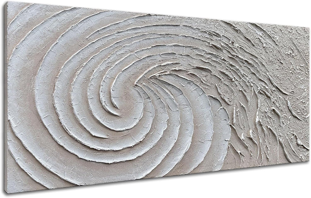 Slyart Thick Texture White Wall Art, Hand Painted 3D Ocean Wave Circle Oil Painting, 24'x48' Large White Canvas Abstract Wall Art