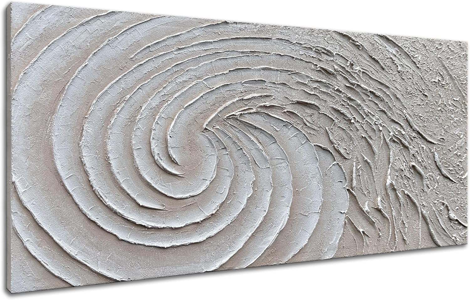 Slyart Thick Texture White Wall Art, Hand Painted 3D Ocean Wave Circle Oil Painting, 24'x48' Large White Canvas Abstract Wall Art