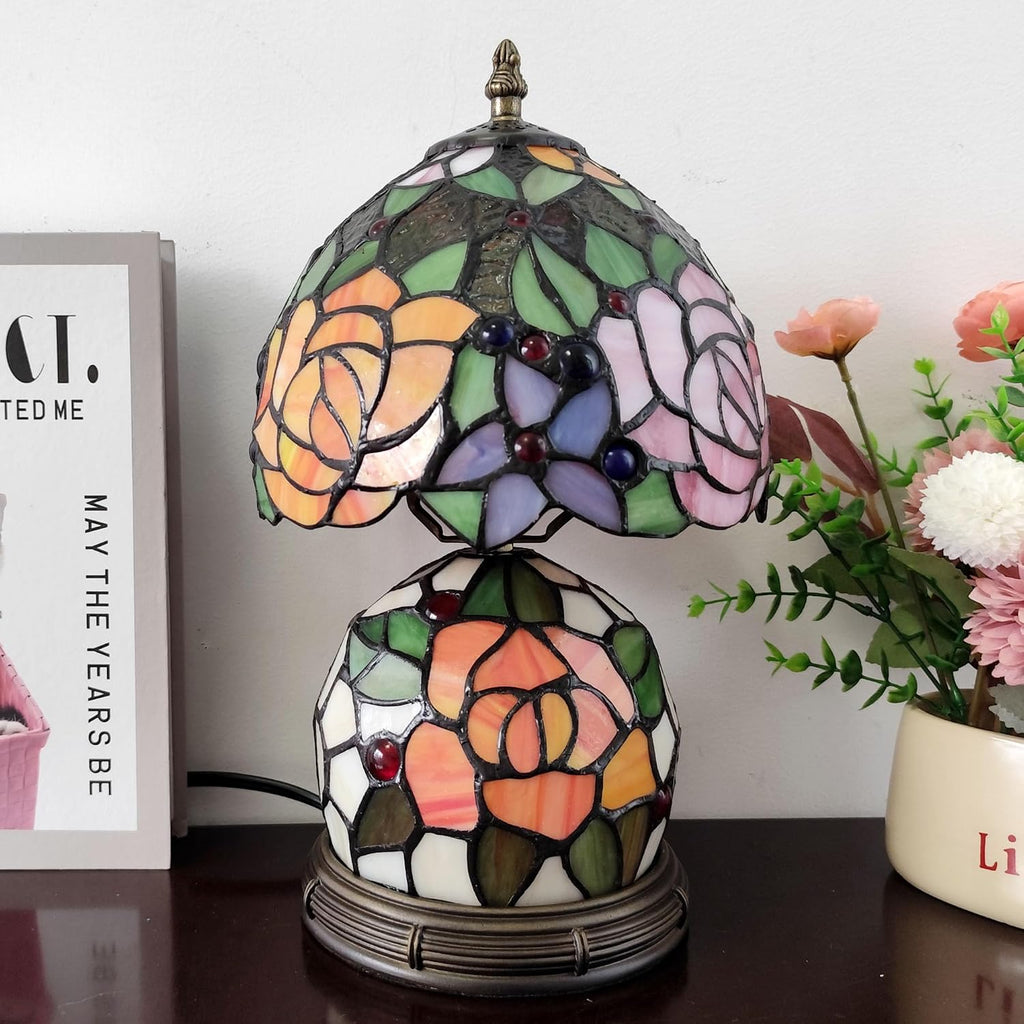 Tiffany Table Lamp Small Yellow Pink Roses Stained Glass Lamp Mother-Daughter Style Desk Reading Light with 2 LED Bulbs for Bedroom Living Room Office Decor