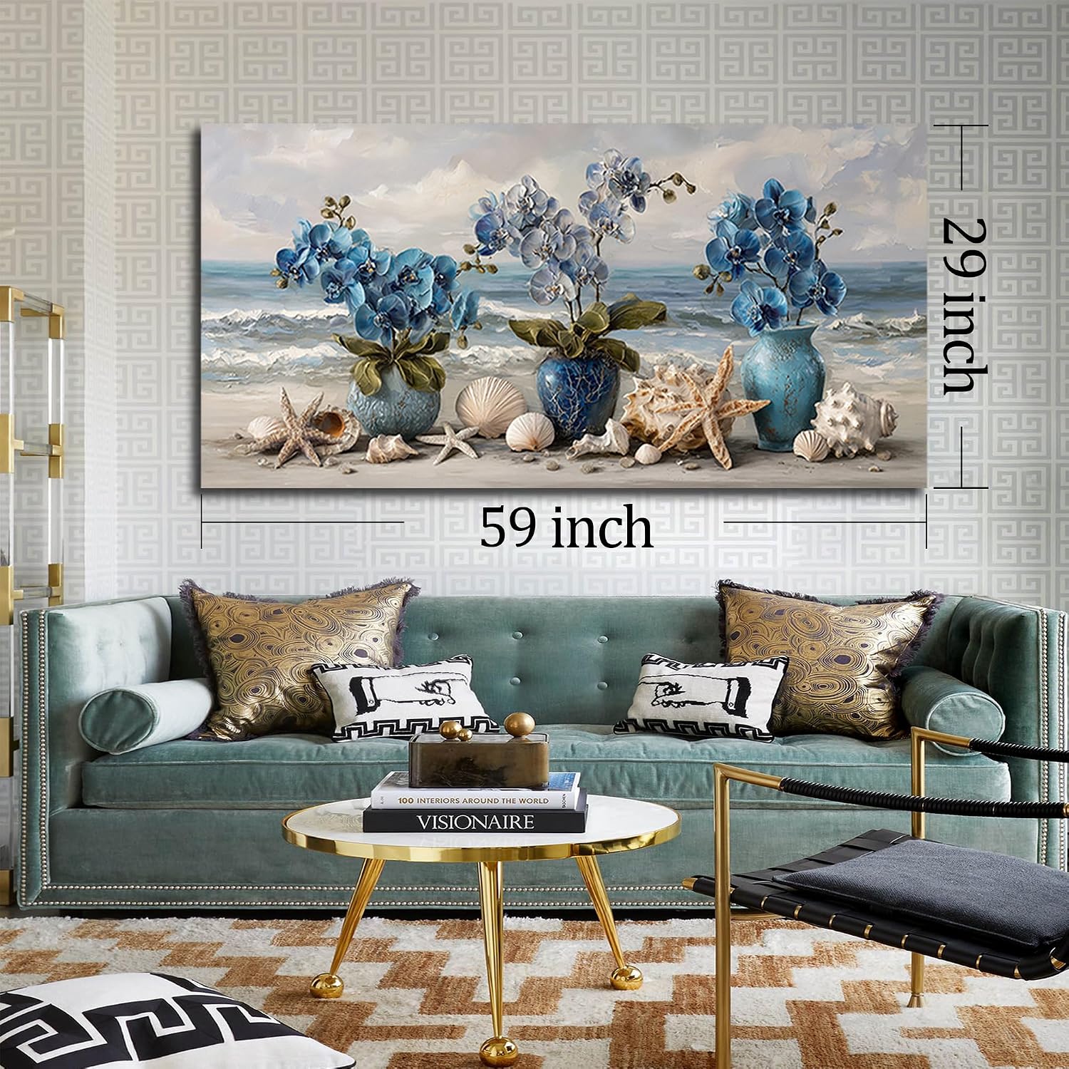 AOZEMI Vase Wall Art Large Seascape Wall Decor Beach Canvas Art Coastal Ocean Pictures Flower Poster Starfish Conch Shell Print Art for Bedroom Bathroom Living Room Office 29'x 59'