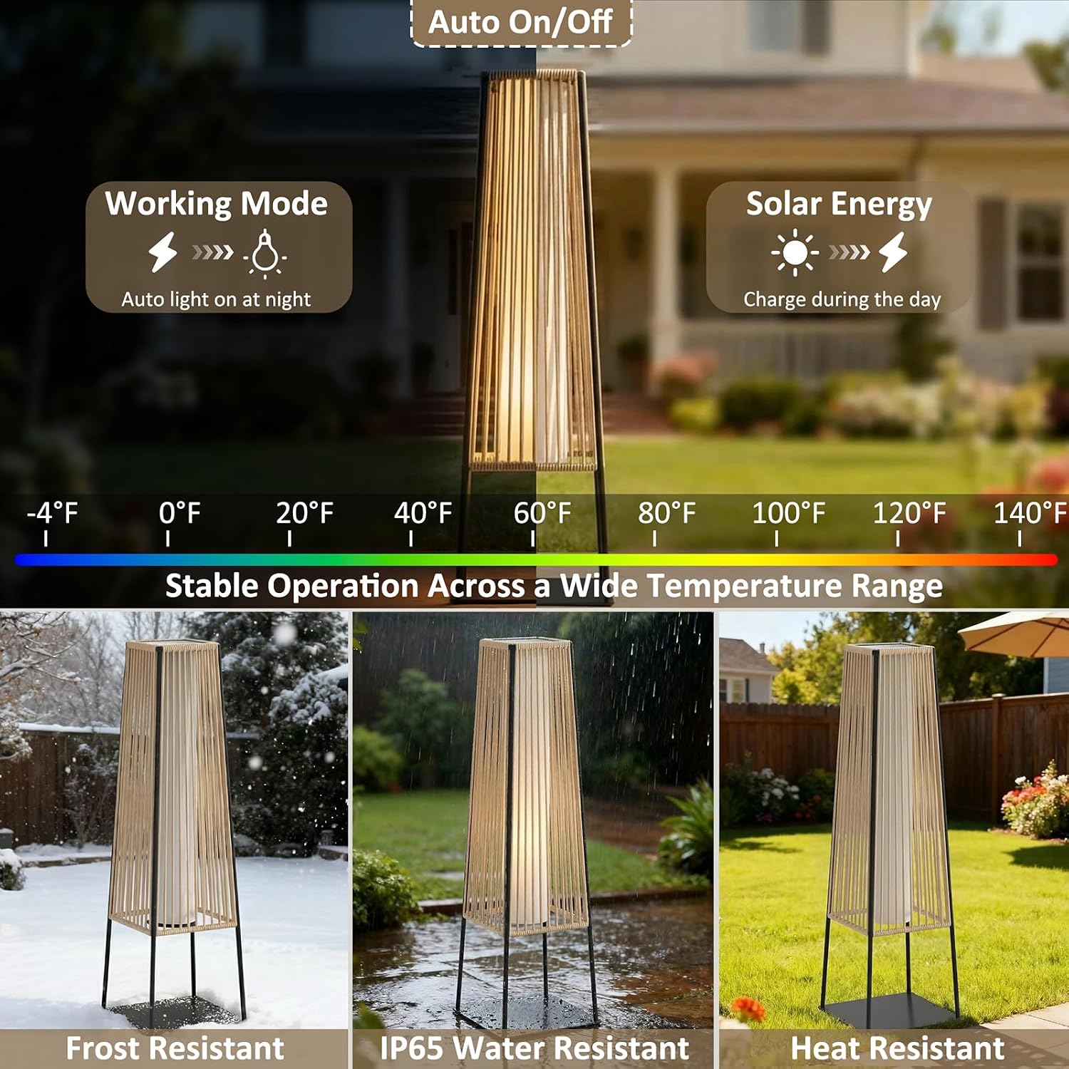 Outdoor Floor Lamp Set of 2, Rattan Solar Lanterns Outdoor Waterproof for Balcony, Deck, Garden & Patio (Natural)