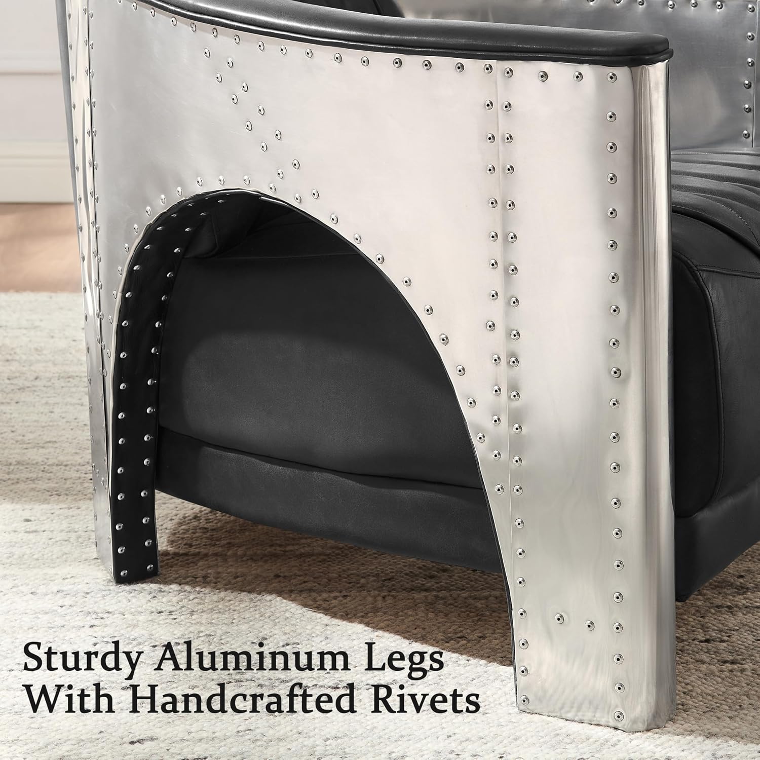 Zouron Vintage Leather Accent Chair, Upholstered Living Room Chair with Aluminum Legs and Handcrafted Rivets, Genuine Leather Single Sofa Chair Barrel Aviator Chair, Black