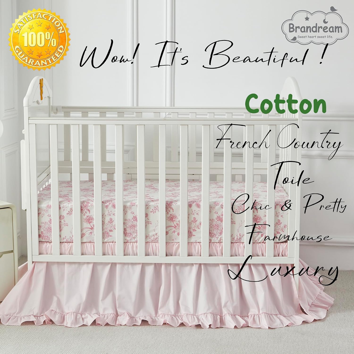 Brandream French Country Toile Crib Bedding Set for Girls Pink Grandmillennial Toile Vintage Floral Print 100% Cotton Baby Girl Nursery Bedding - Ruffles Quilt,Toile Crib Sheet,Crib Bed Skirt,3 Pieces
