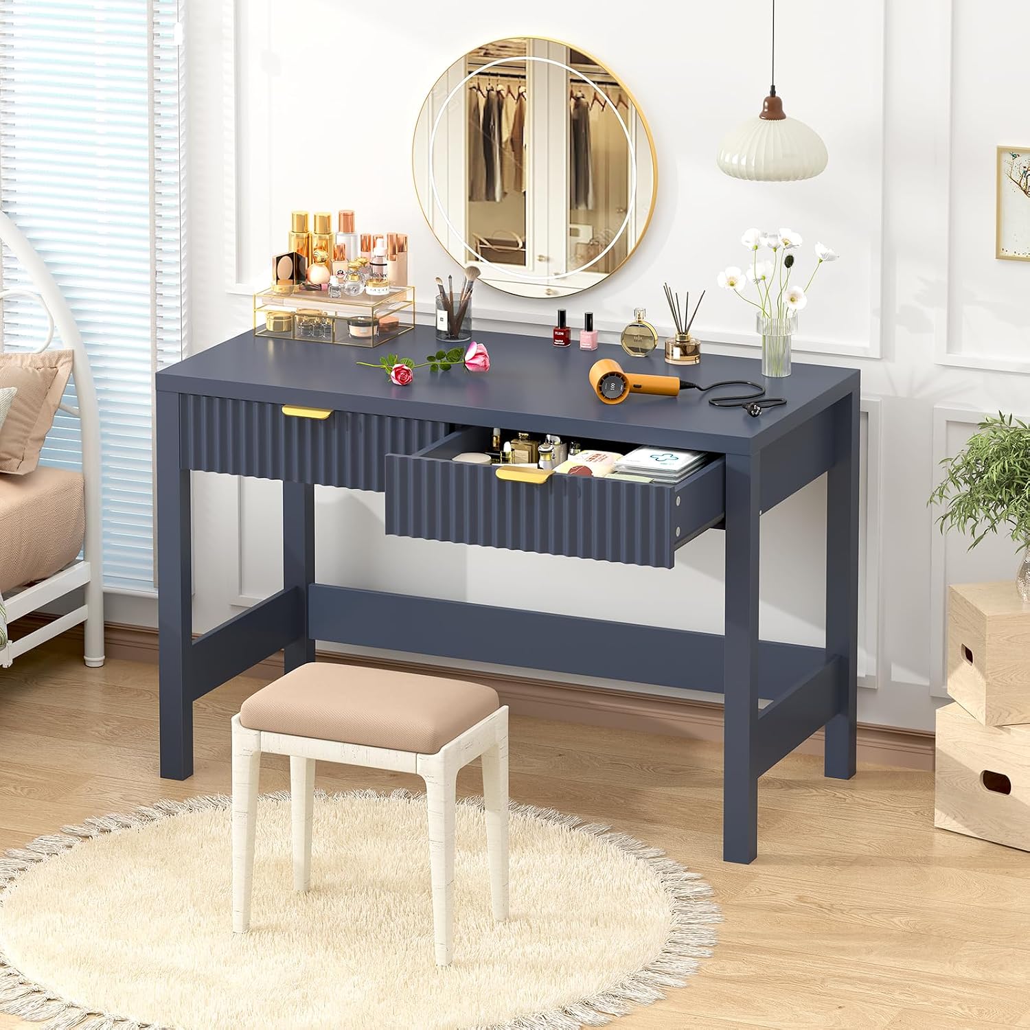 YOMILUVE Fluted Computer Desk with 2 Drawers, 39 Inch Small Computer Desk with Storage, Compact Writing Study Desk for Small Spaces, Blue