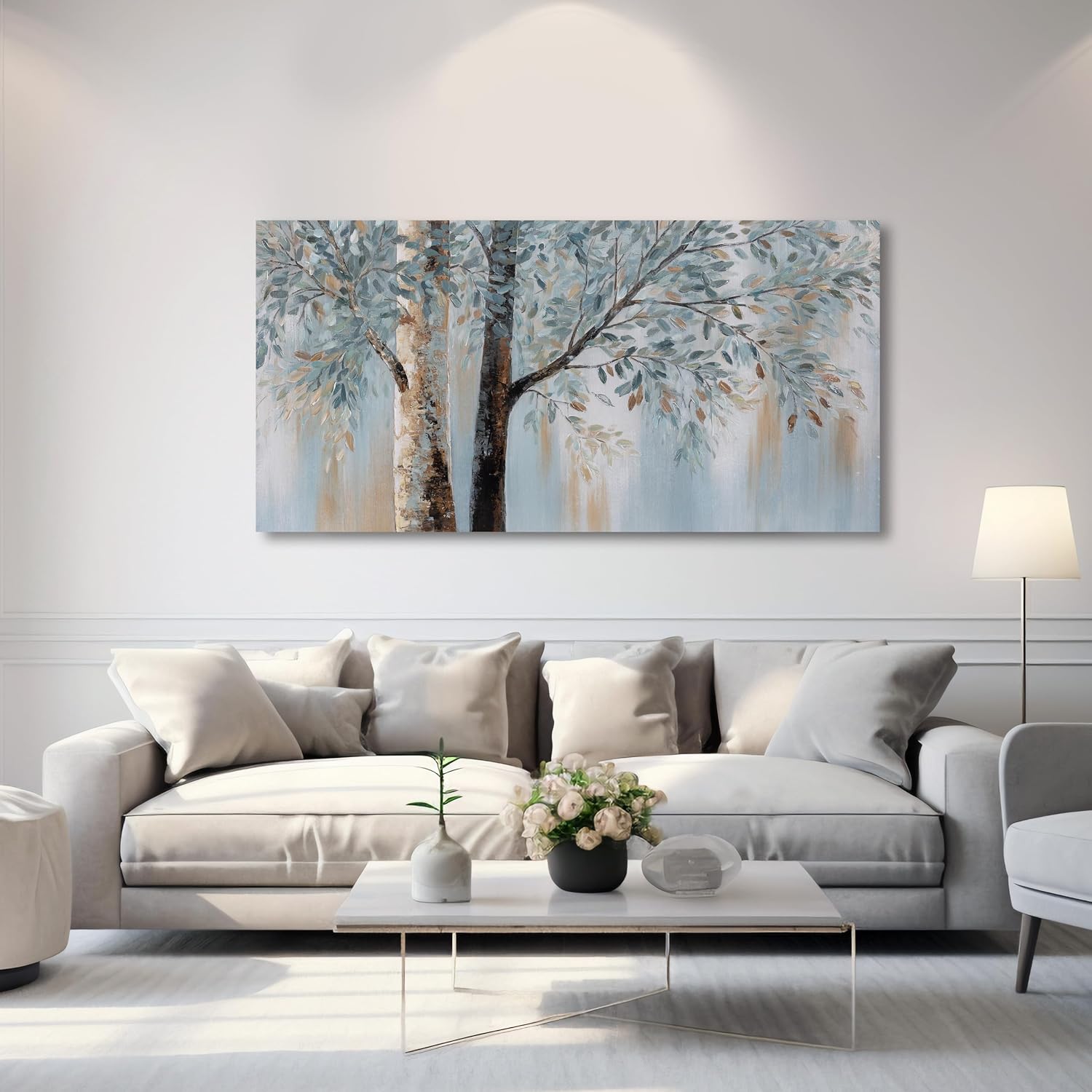 Tree Wall Art Bule Tree Painting Abstract Canvas Art Nature Artwork Framed for Living Room Bedroom Dinning Room Home Office Wall Decor 29'x58'