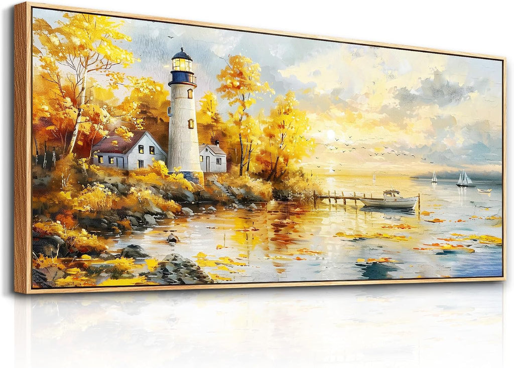 XIGUANGART Extra Large Wall Art for Living Room Modern Framed Coastal Beachy Canvas Wall Art Big Floral Sunrise Yellow Wall Picture Lighthouse Nature Sunset Artwork for Office Bedroom Decor 32x72 In