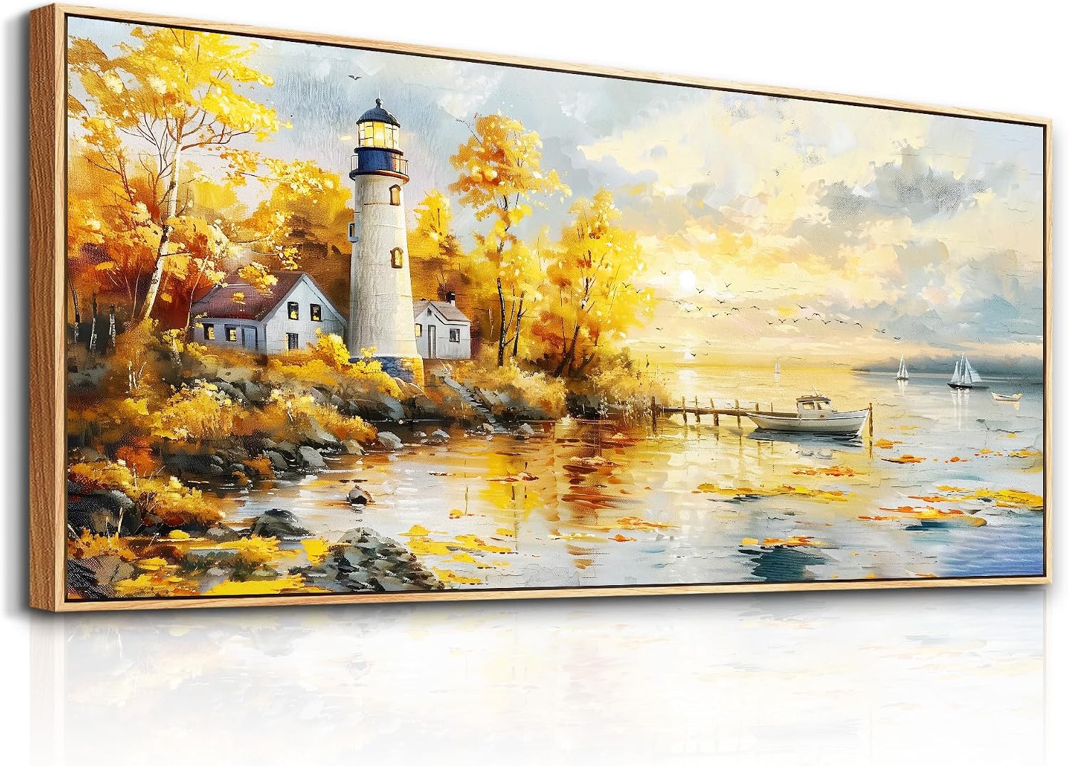 XIGUANGART Extra Large Wall Art for Living Room Modern Framed Coastal Beachy Canvas Wall Art Big Floral Sunrise Yellow Wall Picture Lighthouse Nature Sunset Artwork for Office Bedroom Decor 32x72 In